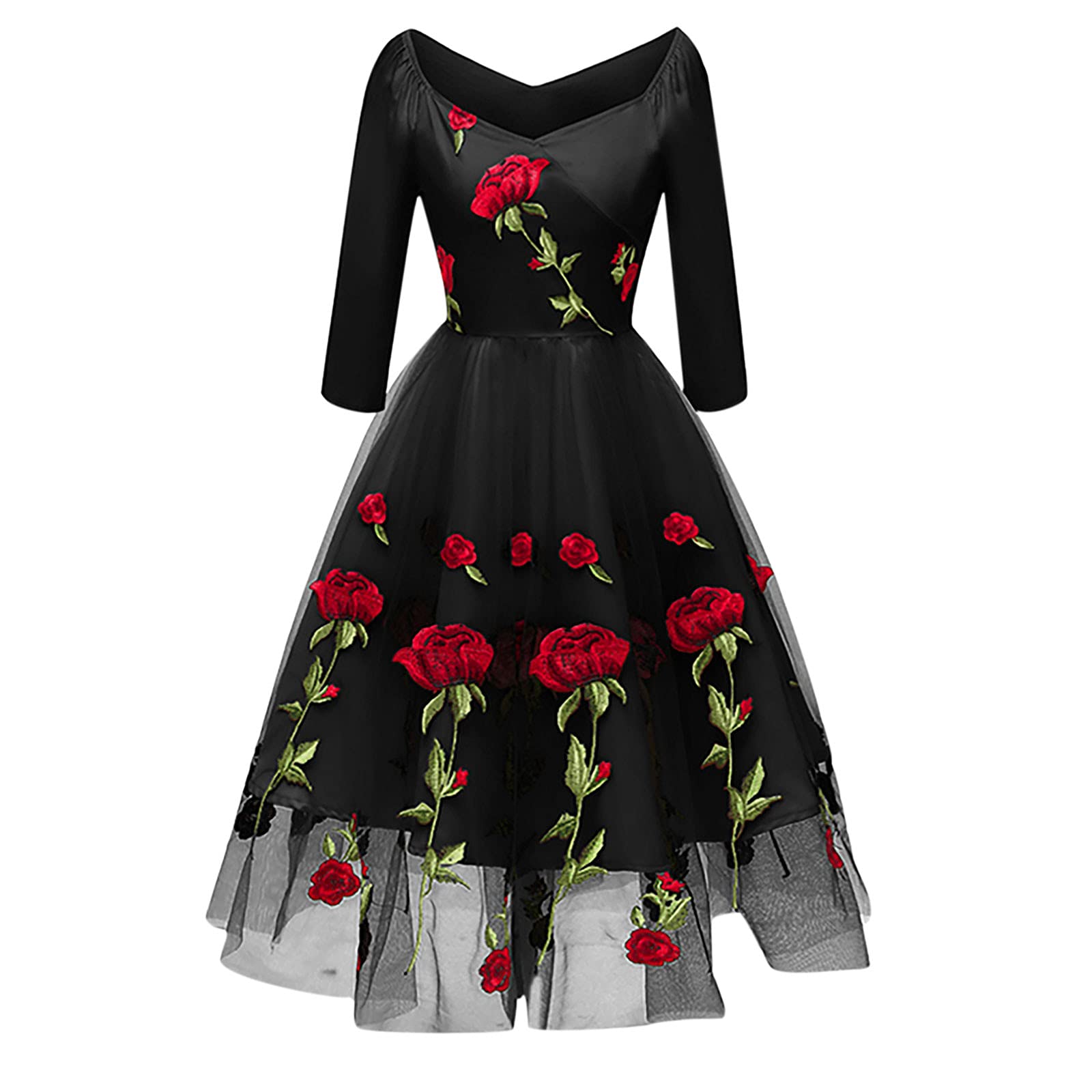 Elegant Vintage V-Neck Swing Dress for Women | Dubras Embroidery Roses Wedding Guest Dress | Perfect for Parties, Evening Events & Special Occasions