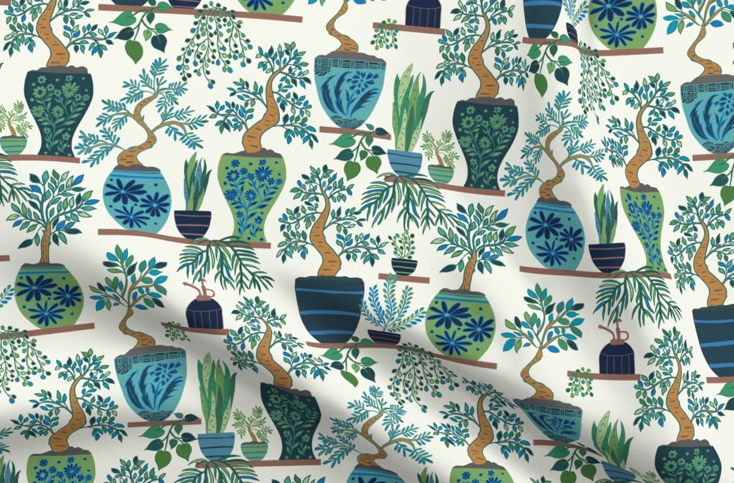 Plants Gardening Blue Greenhouse Bonsai Printed Fleece Fabric - for Sewing Blankets & Loungewear
