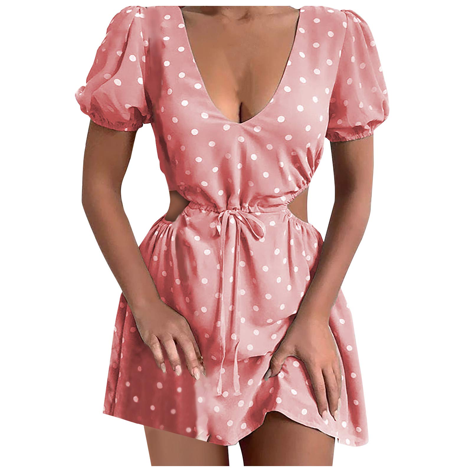 Sexy Mini Floral Print Waist Dress - Women's Short Sleeve V-Neck Hollow Out Summer Dress in Pink | Perfect for Date Night, Beach Vacation & Party Outfits