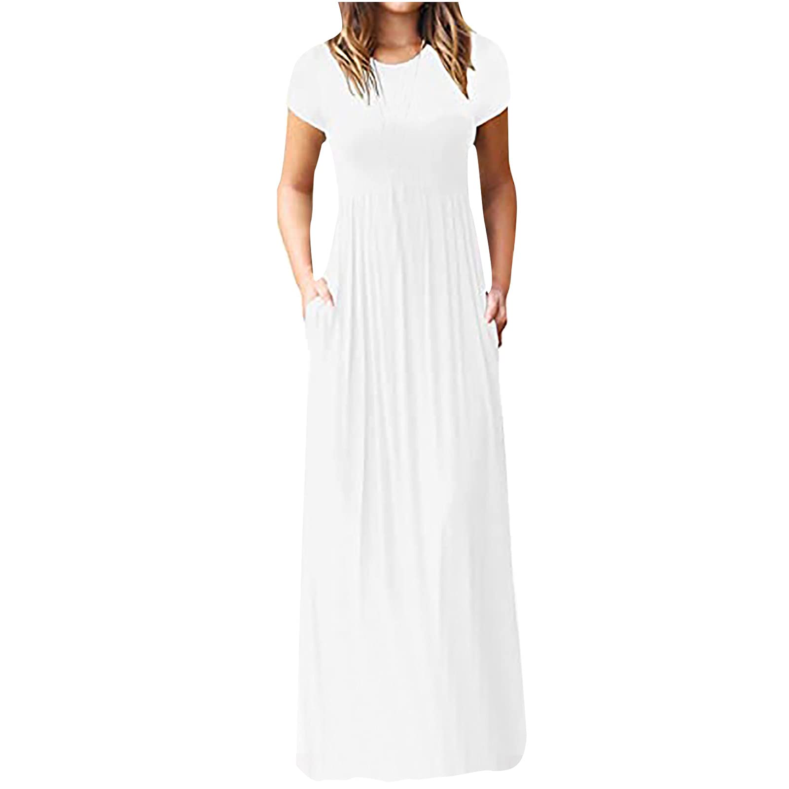Lucktop Women's Solid Color Long Maxi Dress - Short Sleeve Loose Casual Summer Dress with Pockets | Perfect for Beach, Vacation, and Everyday Wear