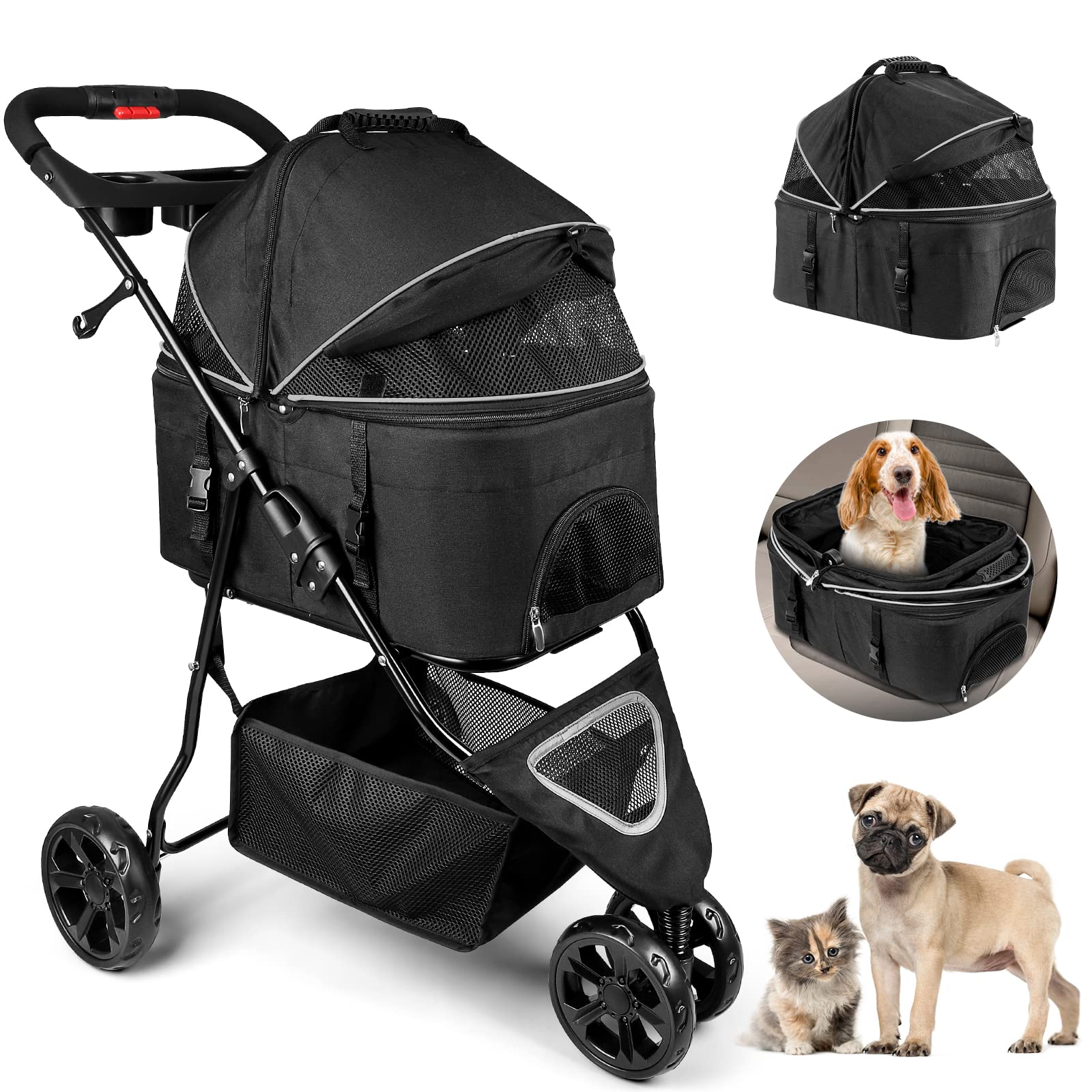 Premium 3-in-1 Folding Pet Stroller for Small Dogs & Cats - 3-Wheel Travel Carrier with Removable Basket (Black) | Perfect for Outdoor Walks, Vet Visits & Shopping Trips