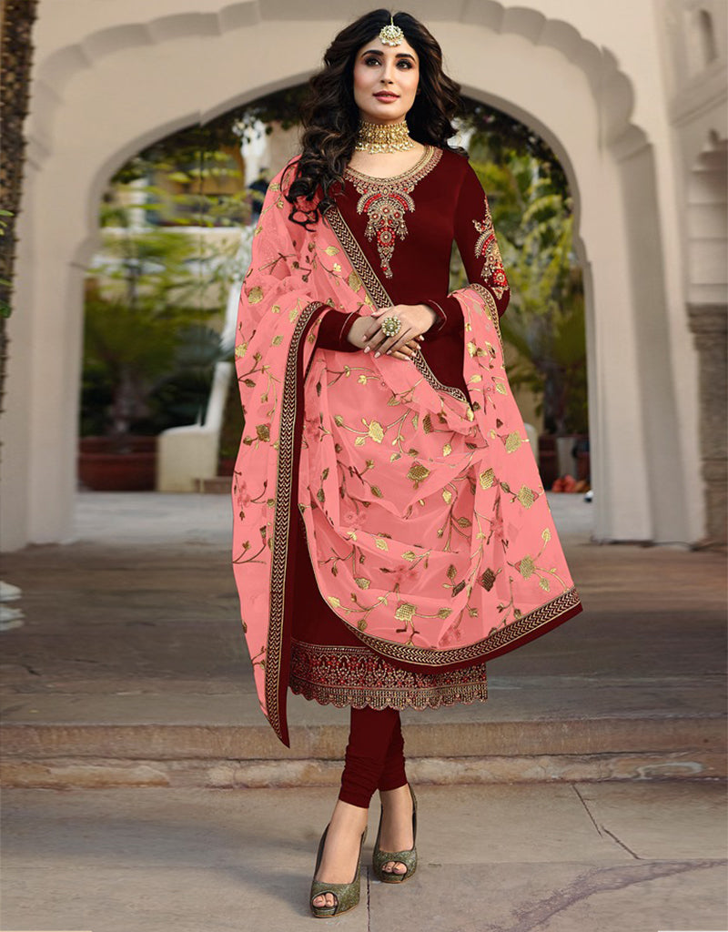 Burgundy Chudidar Style Straight Satin Georgette Pants for Women - Elegant Party Wear & Festive Occasions
