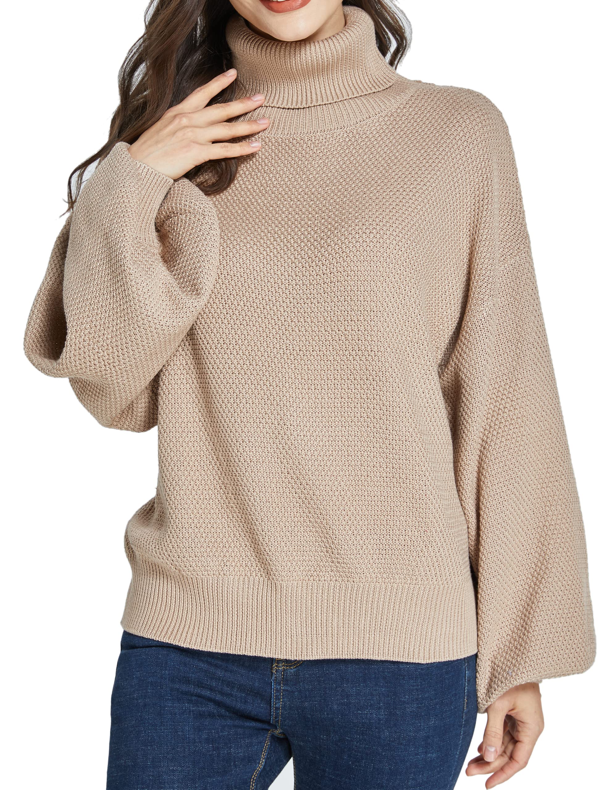 SSLR Women's Oversized Turtleneck Sweater - Drop Shoulder Pullover Knit Top with Long Lantern Sleeves | Casual Winter Wear for Cozy Outfits & Layering
