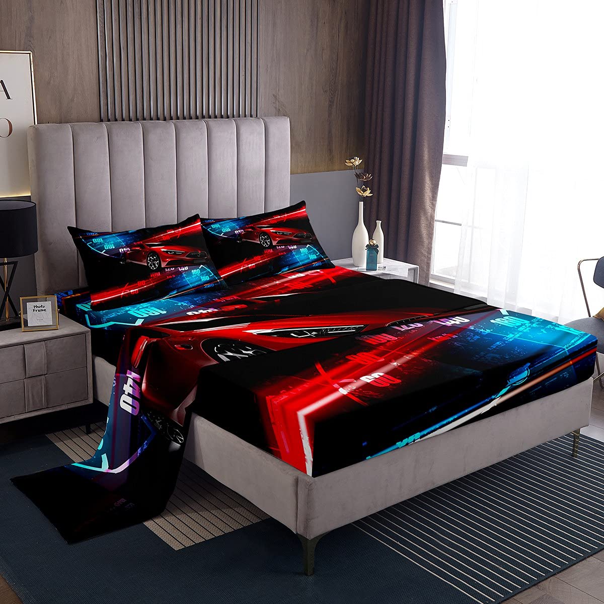 Erosebridal Twin Size Sports Car Bed Sheet Set - Extreme Racing Car Design for Kids, Boys & Teens - Red Automobile Fitted Sheet, Flat Sheet & 1 Black Pillowcase - Perfect for Race Car Themed Bedroom Decor & Gift Ideas
