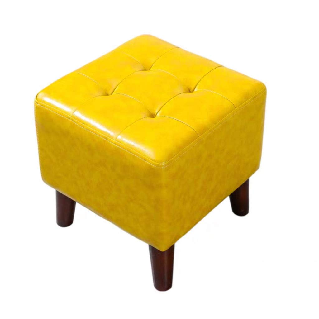 Square Leather Footstool with 4 Solid Wood Legs - Nordic Style Sofa Stool, Ottoman Footrest for Living Room - Yellow Small - Perfect for Home Decor, Lounge Relaxation & Extra Seating