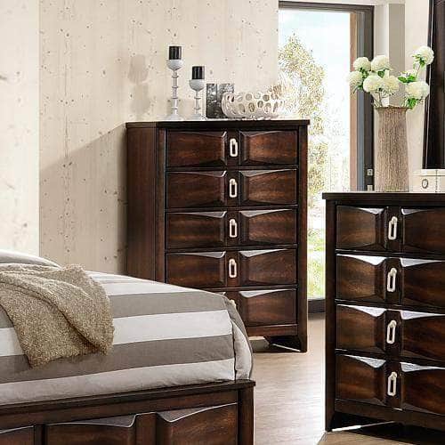 Roxy 5-Drawer Brown Wooden Dresser - Stylish Bedroom Storage Furniture for Clothes & Accessories | Perfect for Master Bedroom, Guest Room & Dorm Organization