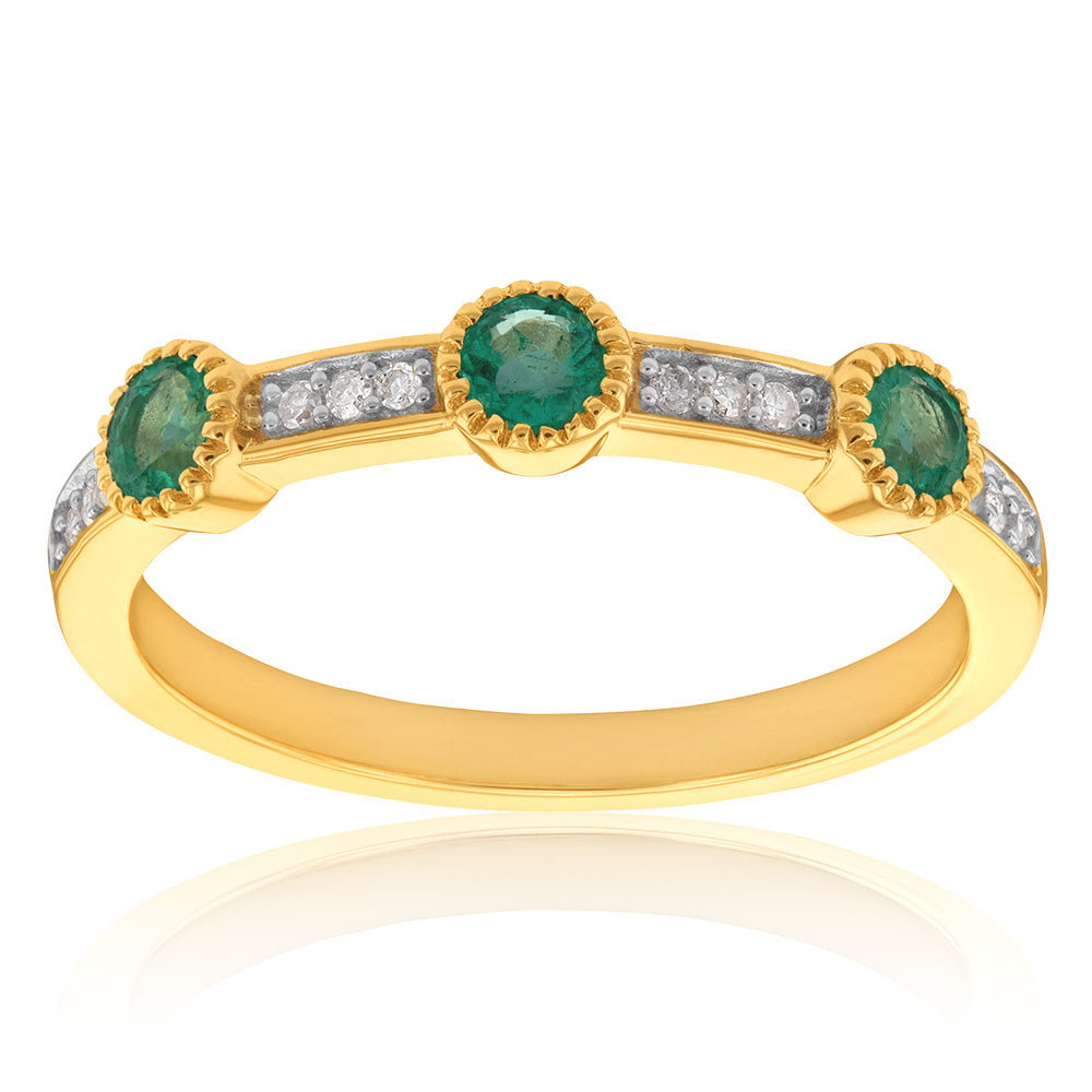 14K Yellow Gold 0.42ct Natural Emerald & Diamond Channel Ring for Women - Elegant Wedding, Engagement & Anniversary Jewelry Gift