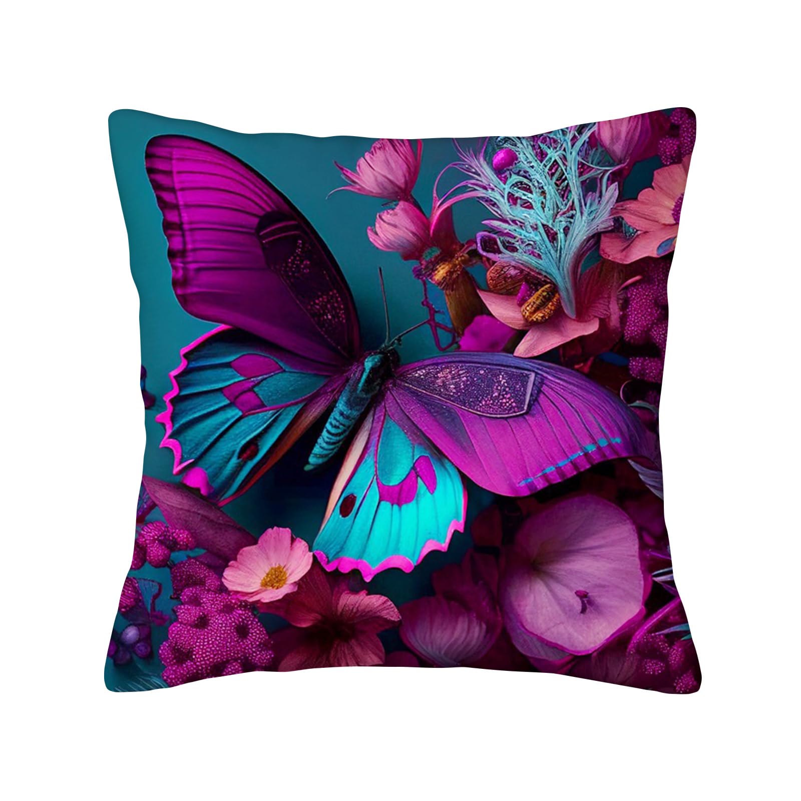 OOZ Purple Blue Butterfly Floral Print Pillow Cover - Soft Decorative Throw Pillow Case 20x20 Inches for Couch, Bed, Sofa - Home Decor Accent for Living Room, Bedroom