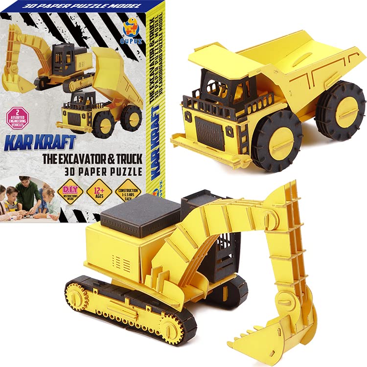 CUPUZ 3D Paper Puzzle Kit - 2 Assorted Working Vehicle Models (Excavator & Truck) | DIY Educational STEM Toy for Kids | Creative Craft Gift for Boys & Girls | Perfect for Birthday Parties, Classroom Activities & Family Bonding Time