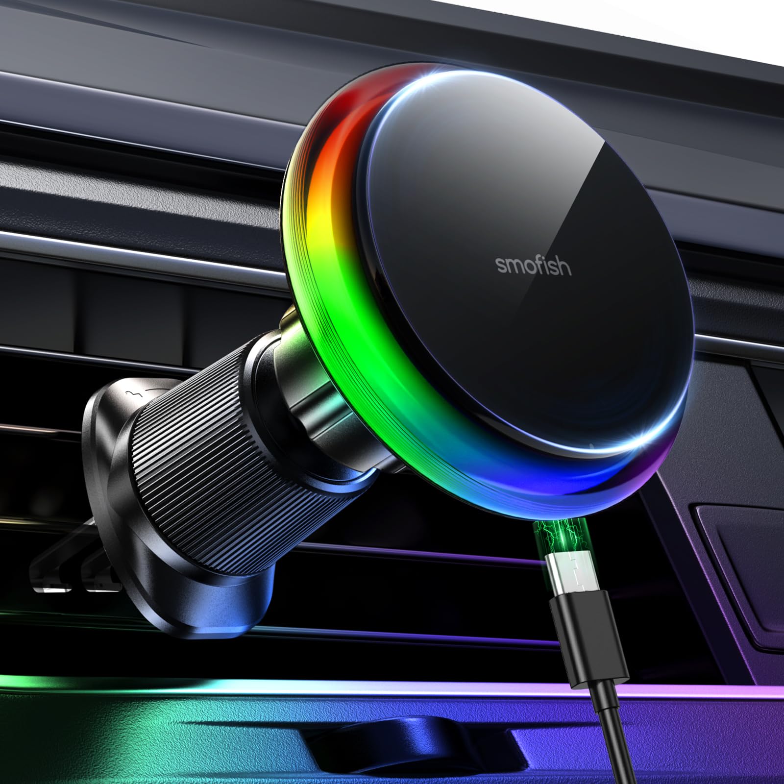 Magnetic Car Mount Wireless Charger 15W - Magsafe Car Vent Phone Holder with LED RGB for iPhone 16/15/14/13/12 - Fast Charging Car Accessories for Safe Driving & Hands-Free Navigation