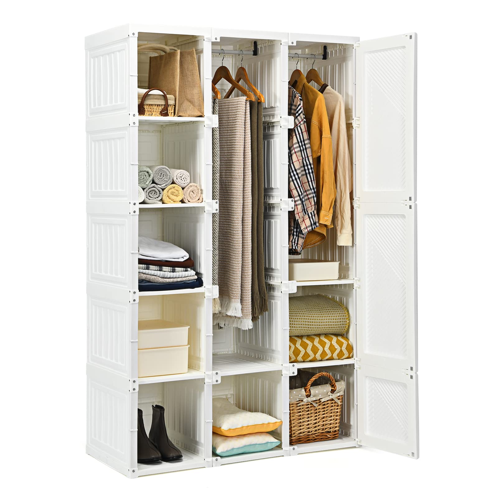 Tangkula Portable Closet Wardrobe - Foldable Clothes Organizer with 10 Cubbies & 2 Hanging Rods, Easy Assemble Magnetic Door Storage Cabinet for Bedroom, Closet, Dorm, RV | Space Saving Clothing Storage Solution