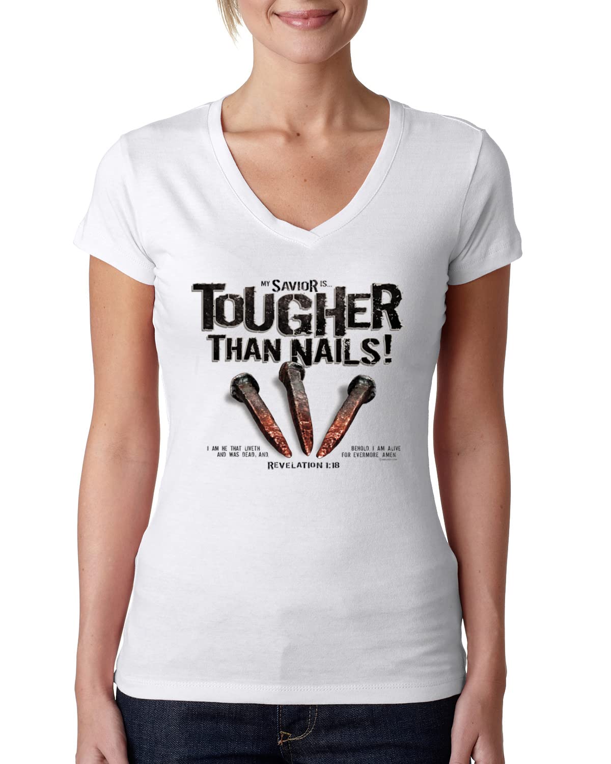 Christian Women's Inspirational V-Neck T-Shirt with Bible Verse - My Savior is Tougher Than Nails - Junior Fit Tee for Church, Bible Study & Everyday Faith Wear