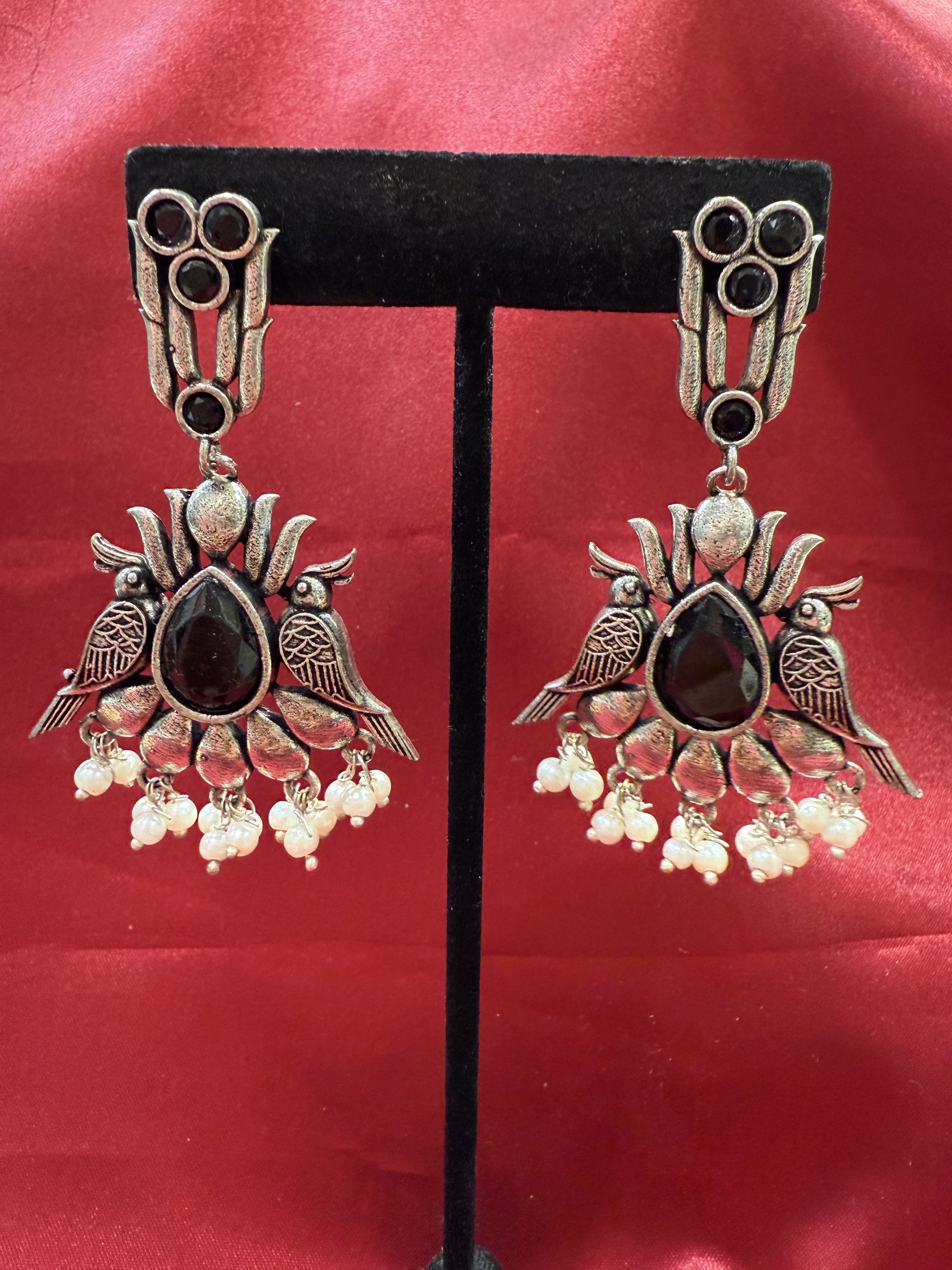 Elegant Black Stone Bird Design Oxidized Beaded Earrings for Women - Boho Chic Jewelry Gift for Parties, Weddings & Everyday Wear