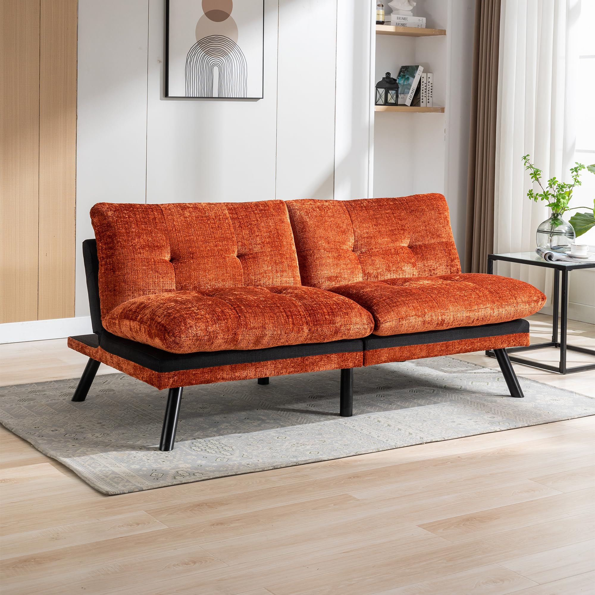 Convertible Futon Sofa Bed with Adjustable Backrest & Metal Legs - 2-in-1 Loveseat Sleeper for Small Spaces, Living Room, Bedroom & Office - Compact Orange Futon Couch for Apartments, Dorms & Guest Rooms