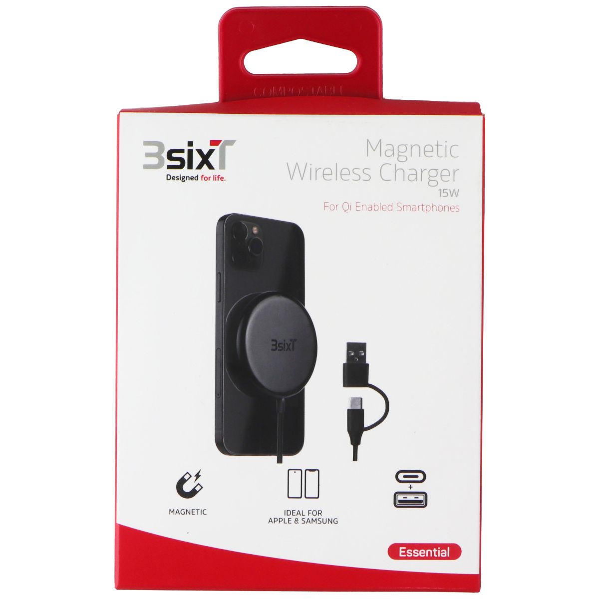 3SIXT 15W Fast Magnetic Wireless Charger for iPhone 12/13/14 Pro, Samsung Galaxy - Portable Qi-Certified Charging Pad with Strong Magnet - Perfect for Home, Office & Car Use (Black)