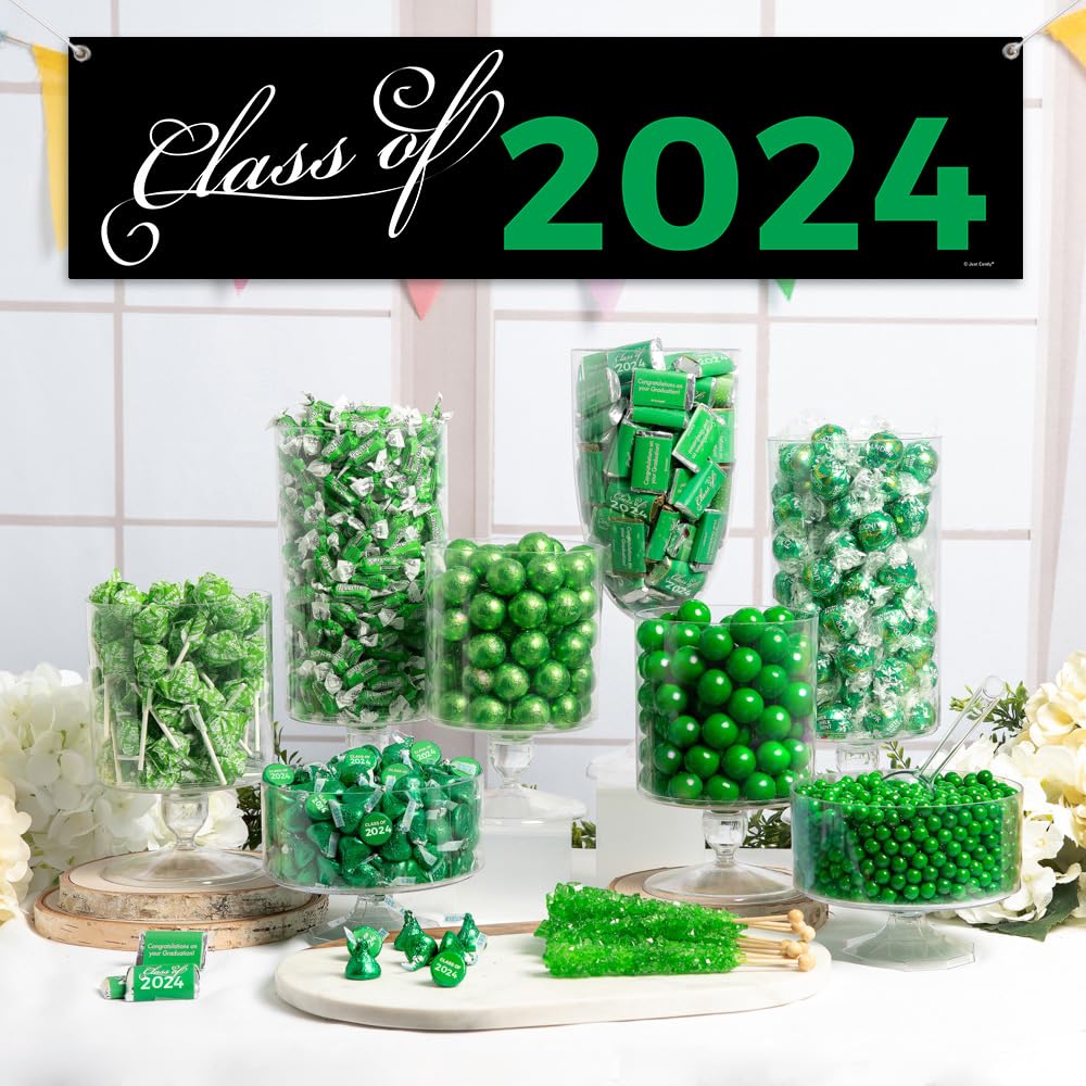 Class of 2024 Graduation Party Candy Buffet Kit - 14lbs Bulk Candy with 5ft Banner - Green & Gold Decorations for Graduation Celebrations, Open House, and Senior Parties