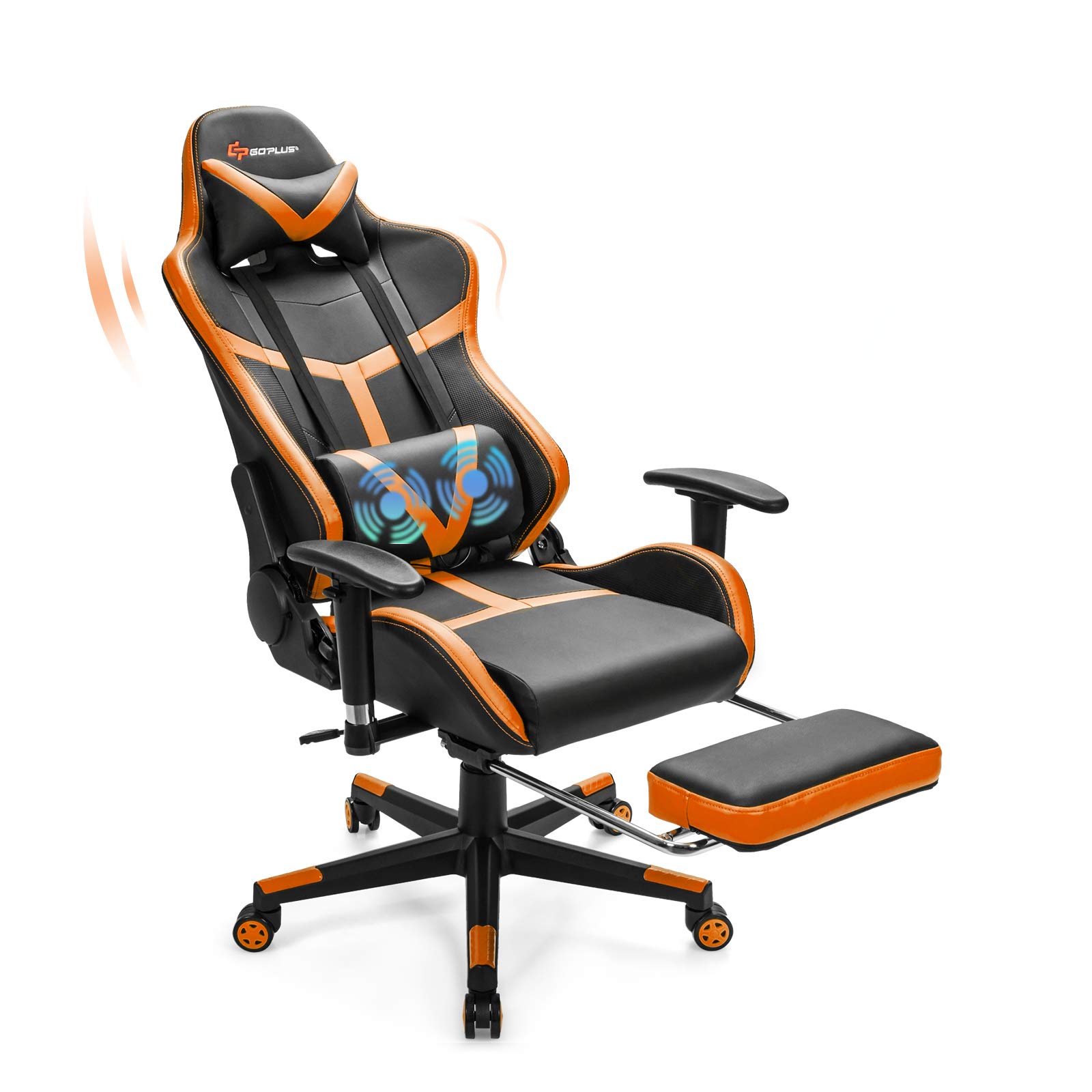 Goplus Ergonomic Gaming Chair - High Back PU Leather Adjustable Office Chair with Massage & Footrest, Reclining PC Racing Game Chair for Home & Office Use (Orange) - Perfect for Long Gaming Sessions & Work From Home Comfort