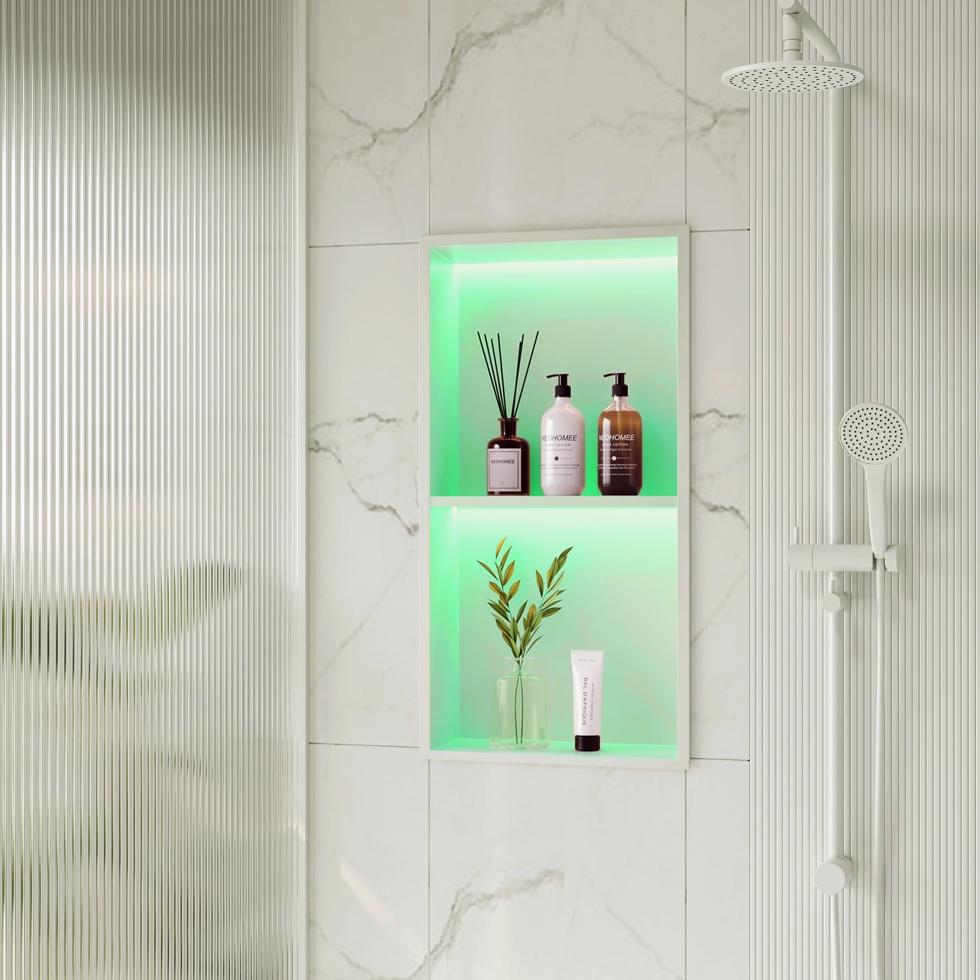 2-Tier 12x24 Inch Wall Niche with RGB LED Light Strips - White Waterproof Shower Niche Cabinet - Stainless Steel Bathroom Shelf - No Tile Needed Recessed Storage Organizer - Perfect for Bathroom, Shower, and Spa Organization