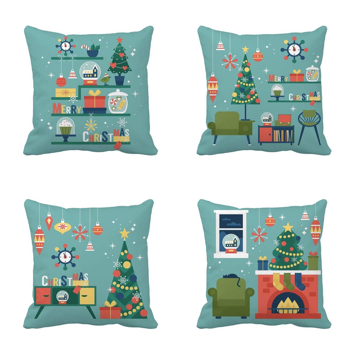 rouihot Set of 4 Green Modern Christmas Tree Throw Pillow Covers - 18x18 Inch Square Mid Century Holiday Decor for Sofa, Bed, Fireplace & Shelf Styling
