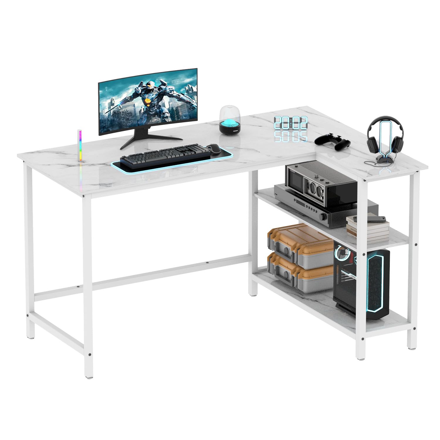 WOODYNLUX 50 Inch Computer Desk with Shelves - Sturdy Gaming & Writing Desk, Study PC Table Workstation with Storage | Home Office, Living Room, Bedroom | White Metal Frame | Perfect for Remote Work, Online Classes & Gaming Setup
