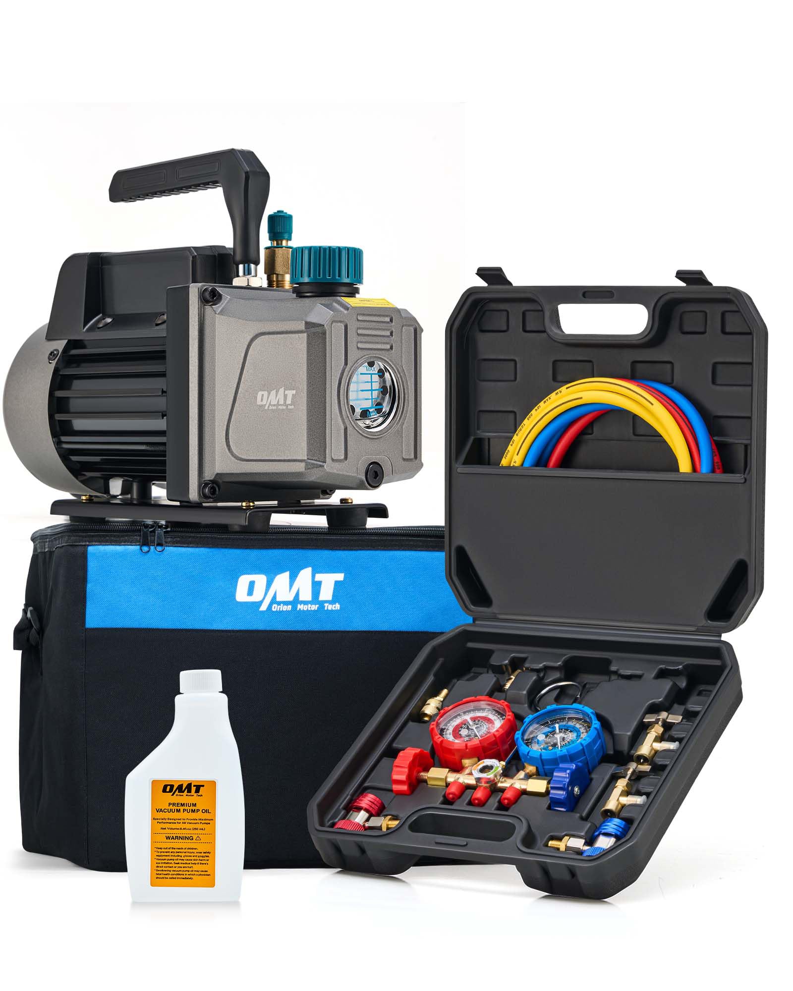 Orion Motor Tech 1/4 HP 3.5 CFM AC Vacuum Pump & Gauge Set - Complete HVAC Manifold Gauge Kit with 3 Hoses & Adapters for R134a R12 R22 R502 Refrigerants - Professional A/C Vacuum Pump Kit for Auto Air Conditioning Repair & Maintenance