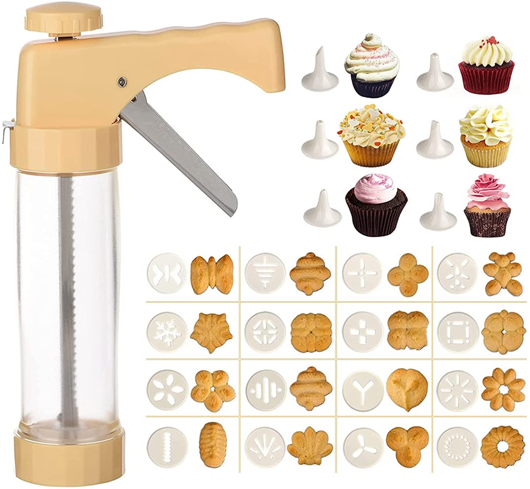 BE-STRONG Cookie Press Gun Kit - 16 Cookie Discs & 6 Nozzles, Comfort Grip Biscuit Maker for Baking, Cake Decorating, DIY Cookies - Perfect for Holiday Baking, Party Treats & Home Dessert Making (Yellow)