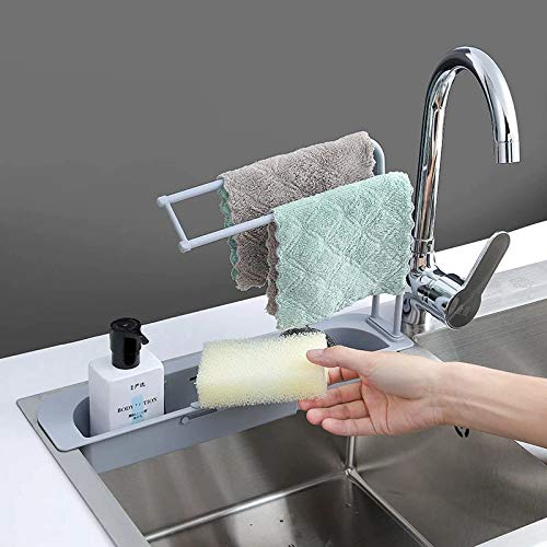 Expandable Plastic Kitchen Sink Storage Rack - Adjustable Drain Basket & Faucet Holder for Sponges, Soap, Dish Brushes with Towel Hanger (Multicolor) | Perfect for Small Kitchen Organization & Countertop Space Saving