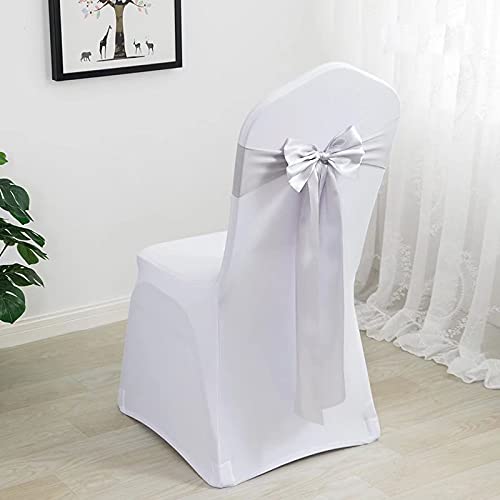 100 PCS Silver Grey Stretch Satin Chair Covers with Bow Sash - Elegant Wedding Reception, Hotel Party & Event Chair Decorations - Perfect for Banquets, Bridal Showers and Formal Gatherings