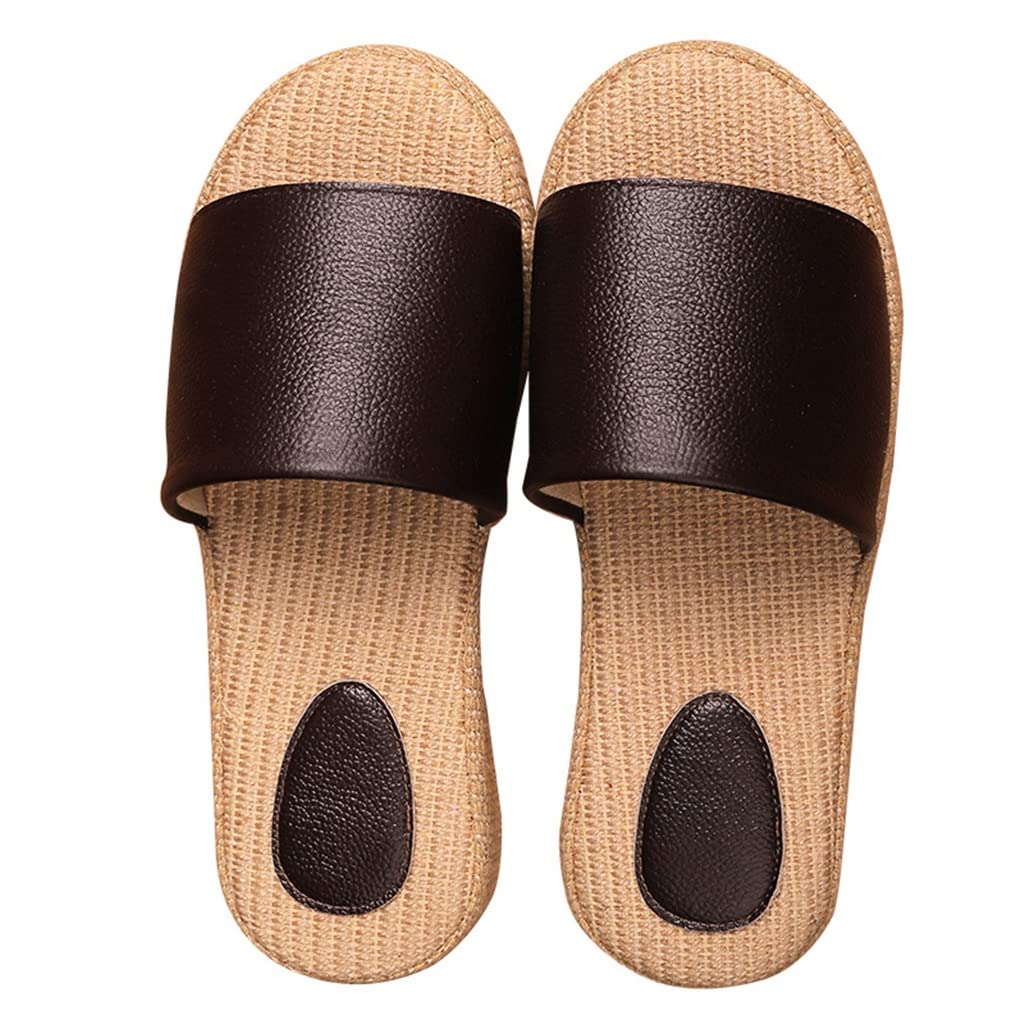 EKDSPW Women's Summer Leather Slippers - Soft Non-Slip Indoor House Shoes with Linen Sandal Design (Black, Size 41/42) - Perfect for Home, Spa & Relaxation