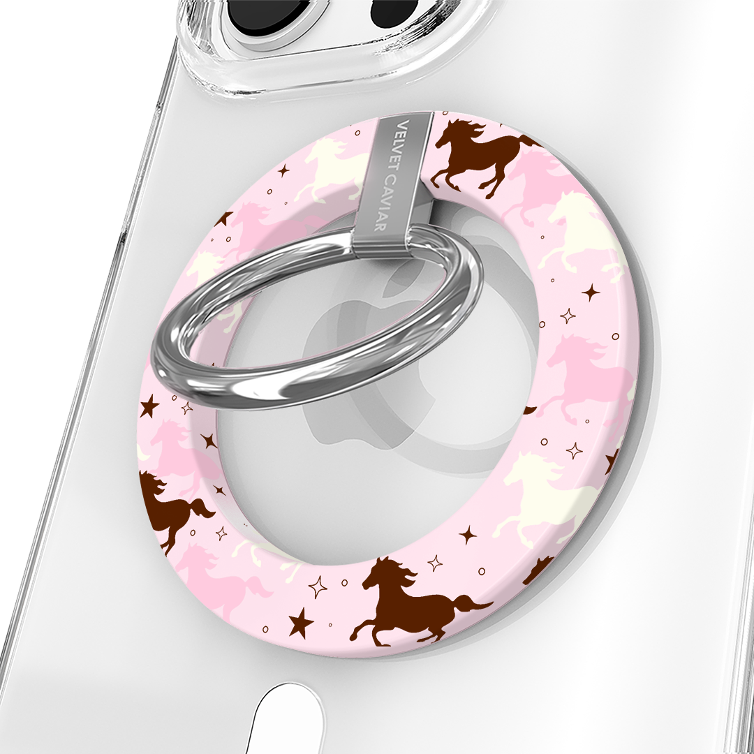 Pink Pony Glitter MagSafe Grip Ring - Magnetic Phone Holder for iPhone 12/13/14/15 Pro Max, Secure Anti-Slip Stand - Perfect for Driving, Workouts, and Hands-Free Video Calls