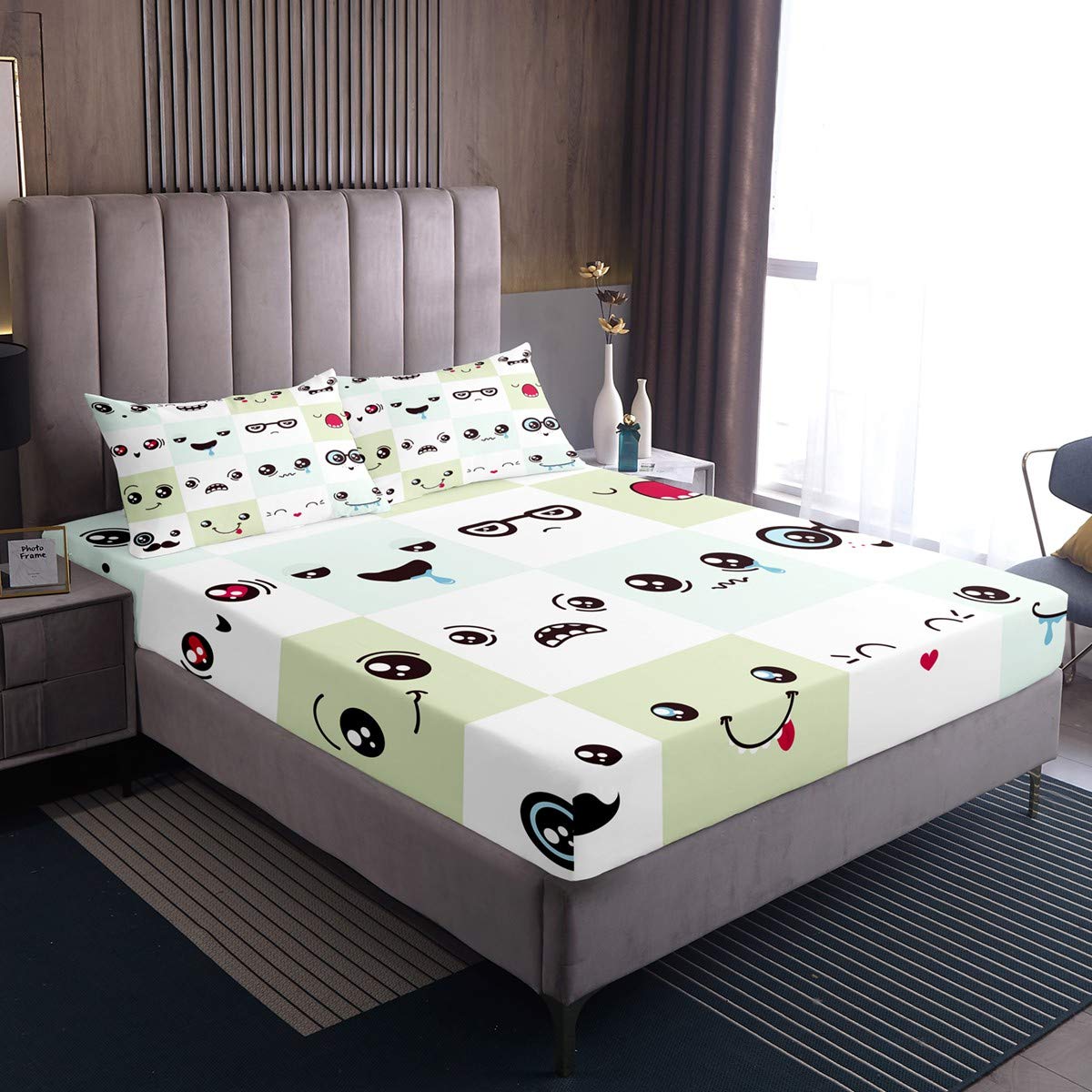 Cartoon Expression Print Kids Duvet Cover Set - Angry Smile Cute Design Deep Pocket Fitted Sheet with 2 Pillowcases - Queen Size Geometric Gingham 3-Piece Bedding Set - Perfect for Children's Room, Nursery, or Playroom Decor