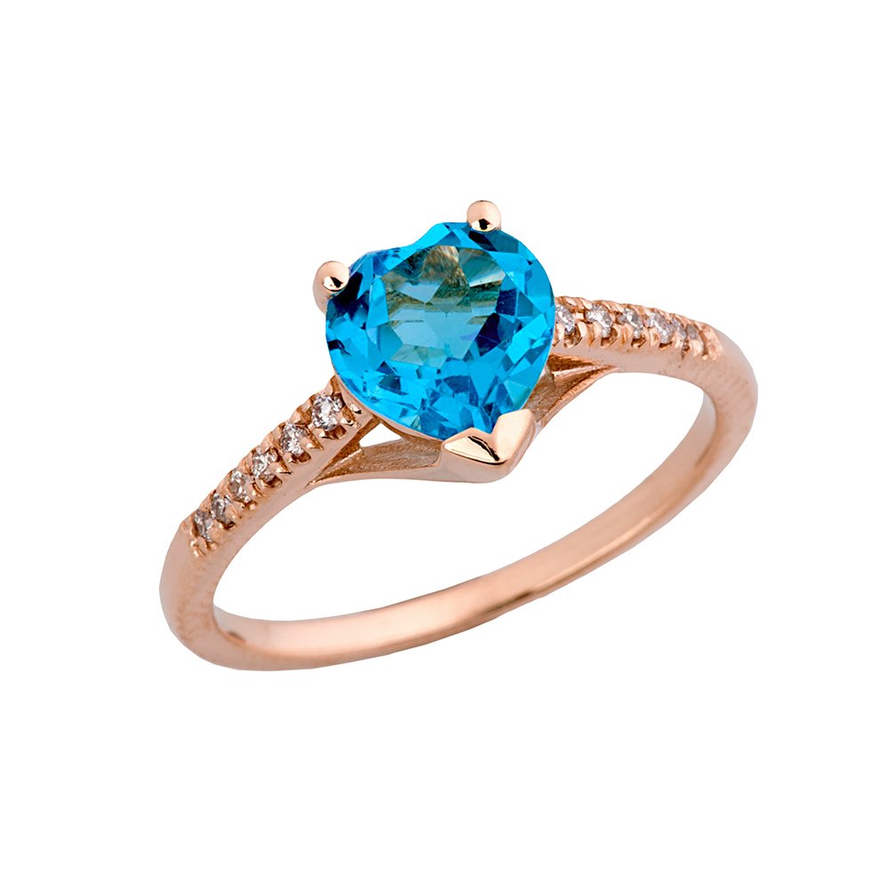 10k Rose Gold Diamond Solitaire Blue Topaz Heart Engagement Ring for Women - Perfect Proposal Gift, Anniversary Jewelry & Romantic Occasions