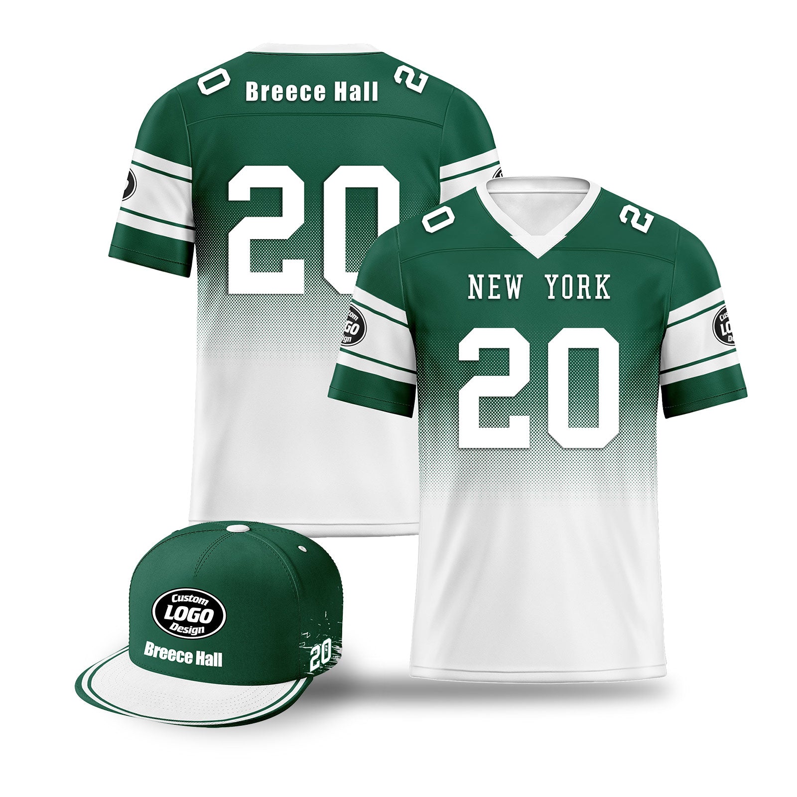 Custom Green & White New York Football Jersey and Hat Combo - Personalized NFL Fan Gear for Men & Women - Perfect for Game Day, Tailgating, and Sports Events