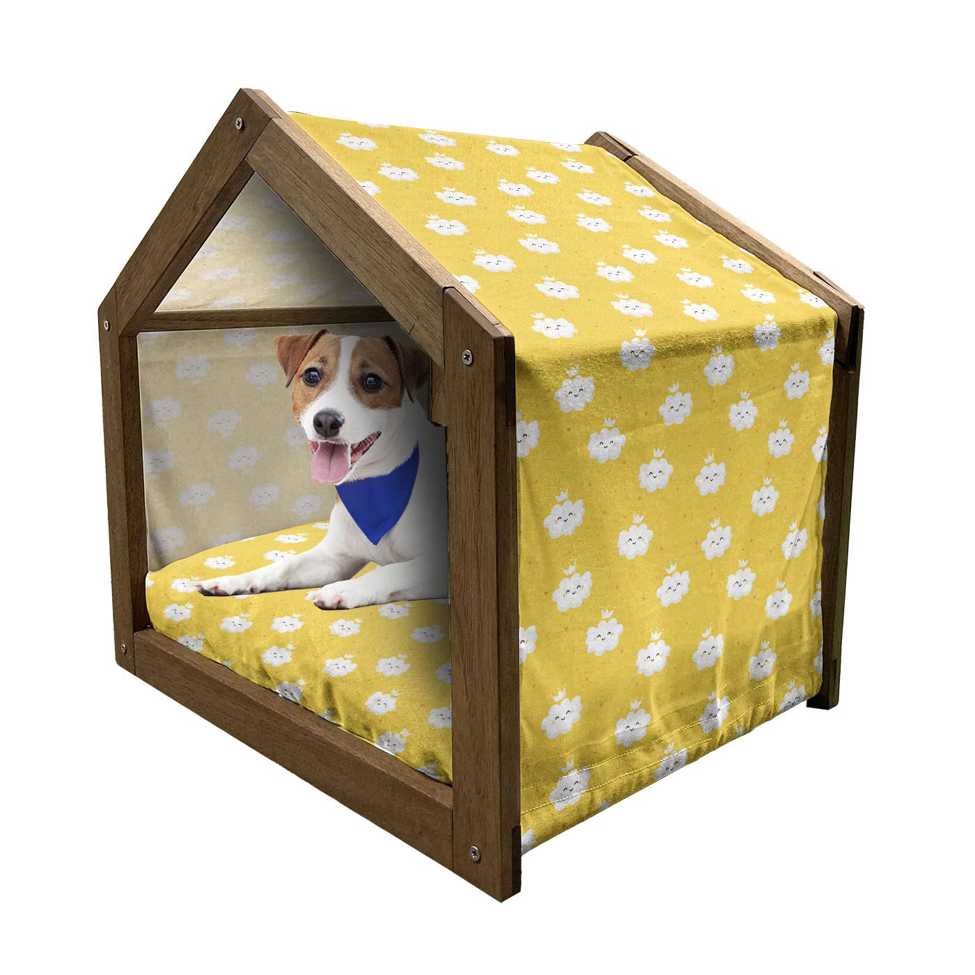 Ambesonne Wooden Pet House for Small Dogs - Yellow & White Cloud Cartoon Design with Crown & Star Pattern - Indoor & Outdoor Portable Dog Kennel with Pillow & Cover - Perfect for Home, Yard, or Travel Use