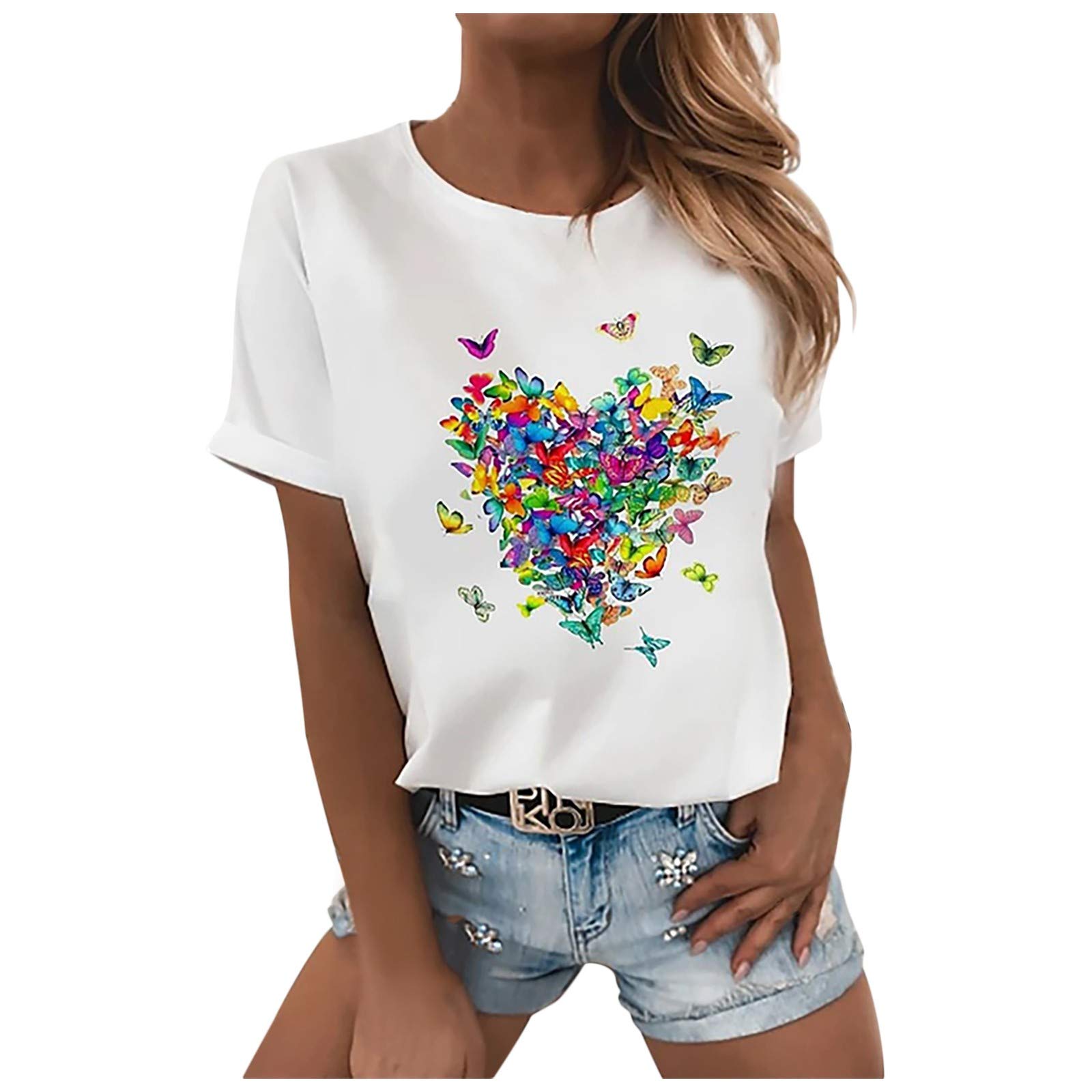 Plus Size Women's White Tank Tops - Loose Fit Short Sleeve Casual T-Shirt with Butterfly Print for Summer | Perfect for Beach, Gym, Yoga & Everyday Wear