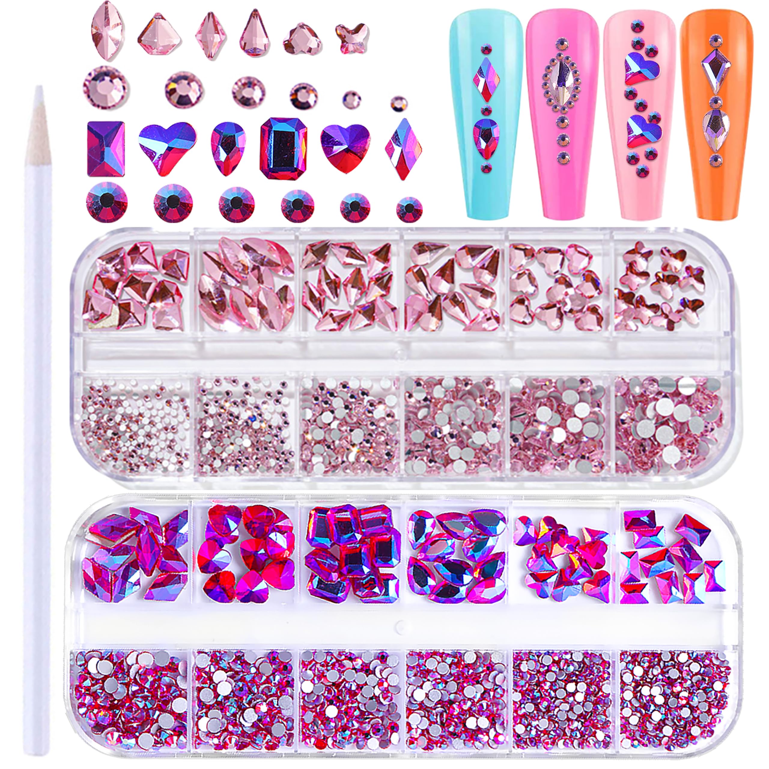 1620pcs Pink Rose AB Flat Back Rhinestones for Nails - Crystal Nail Gems, Glass Beads for Acrylic Nails & Nail Art - Perfect for DIY Manicure, Wedding Nails, Salon Decorations
