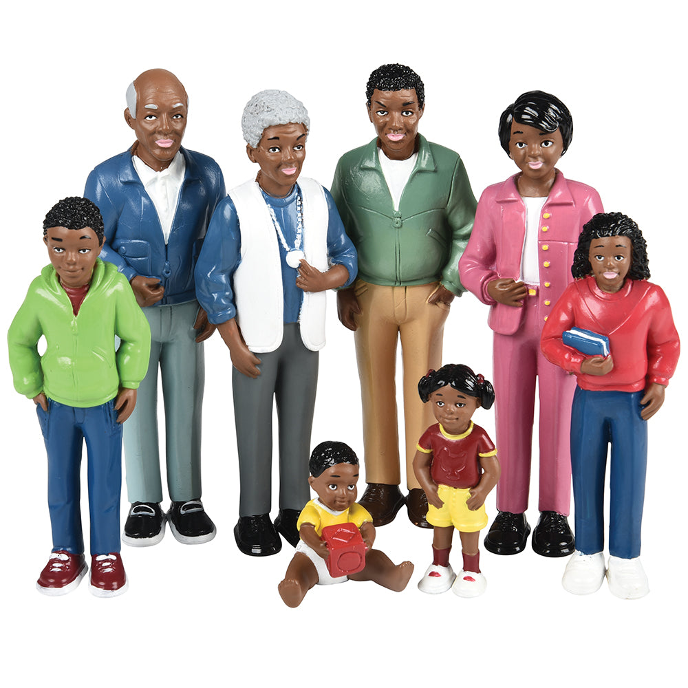 African American Pretend Play Vinyl Family Figurines - 8 Piece Set for Kids | Diverse Family Role Play Toys for Preschool Learning & Social Development | Perfect for Classroom, Daycare & Home Playtime