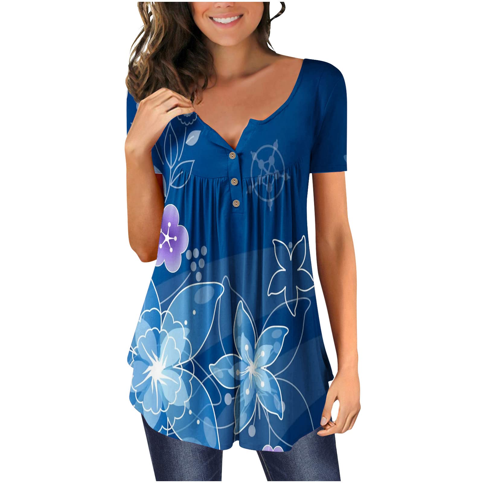 Women's Floral Print V-Neck Short Sleeve Tunic Tops - Casual Summer Button Down Tee Shirts for Going Out | Perfect for Beach, Vacation & Everyday Wear