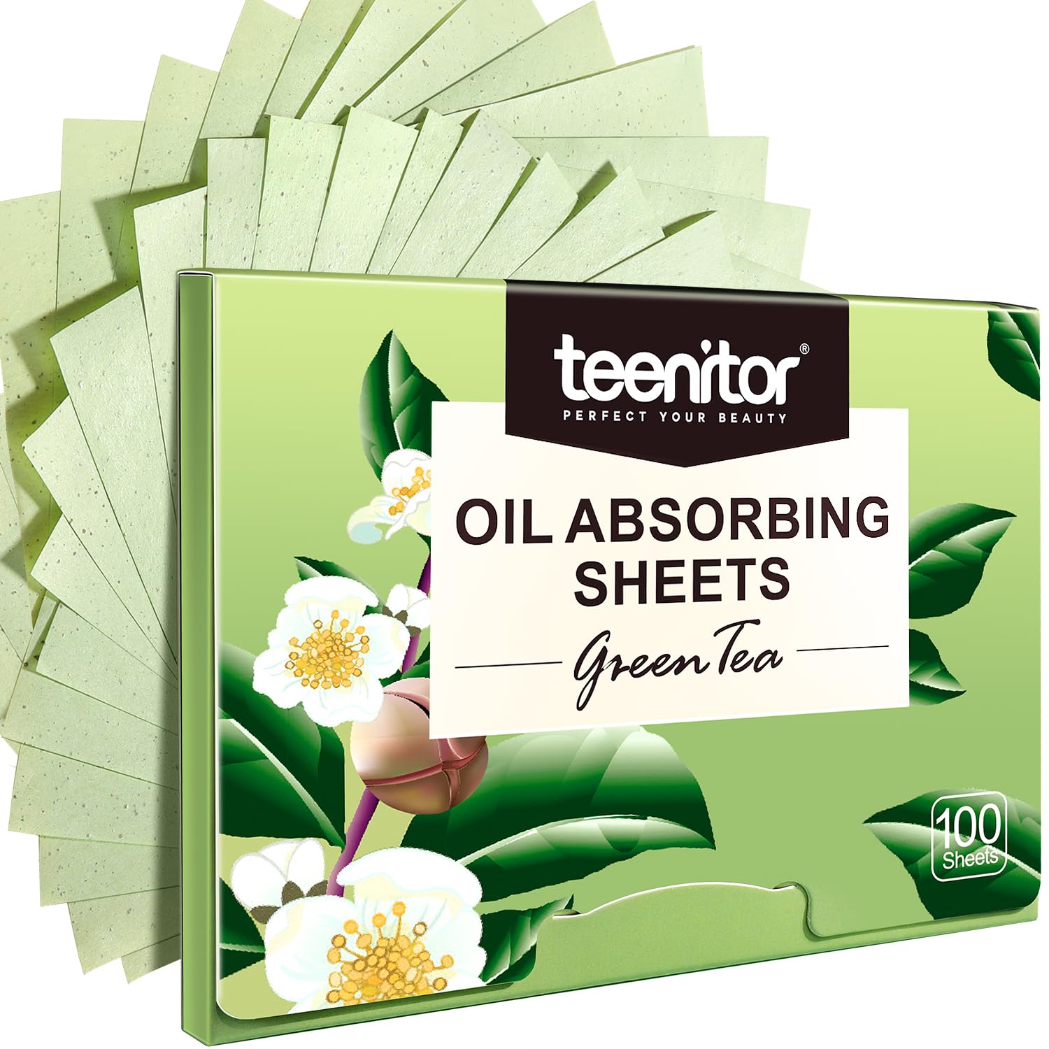 Teenitor Green Tea Oil Blotting Sheets - 100 Count Large 10cm x 7cm Facial Oil Absorbing Papers for Shine Control | Perfect for Oily Skin, Makeup Touch-Ups & On-The-Go Use