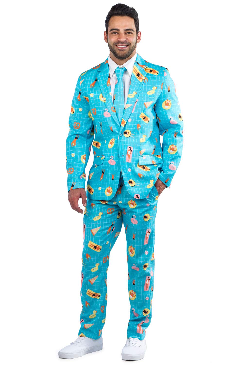 Tipsy Elves Men's Blue Pool Party Suit - Fun Hawaiian Shirt & Swim Trunks Set for Beach Vacation & Summer Parties (Jacket and Tie Sold Separately)