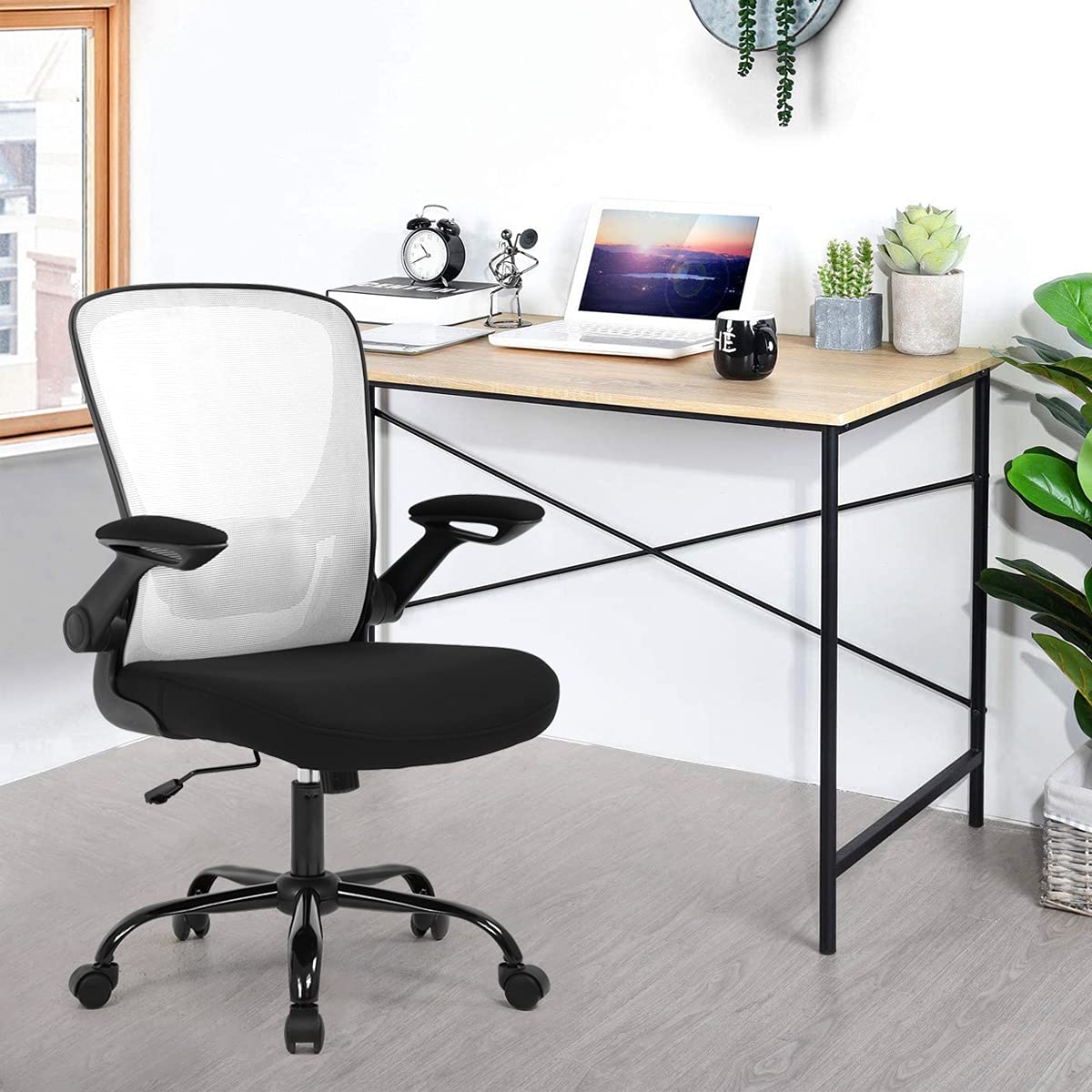 Ergonomic Office Chair with Lumbar Support - Mesh Computer Desk Chair with Flip-Up Arms, Swivel & Rolling Wheels for Home & Executive Workspaces - White