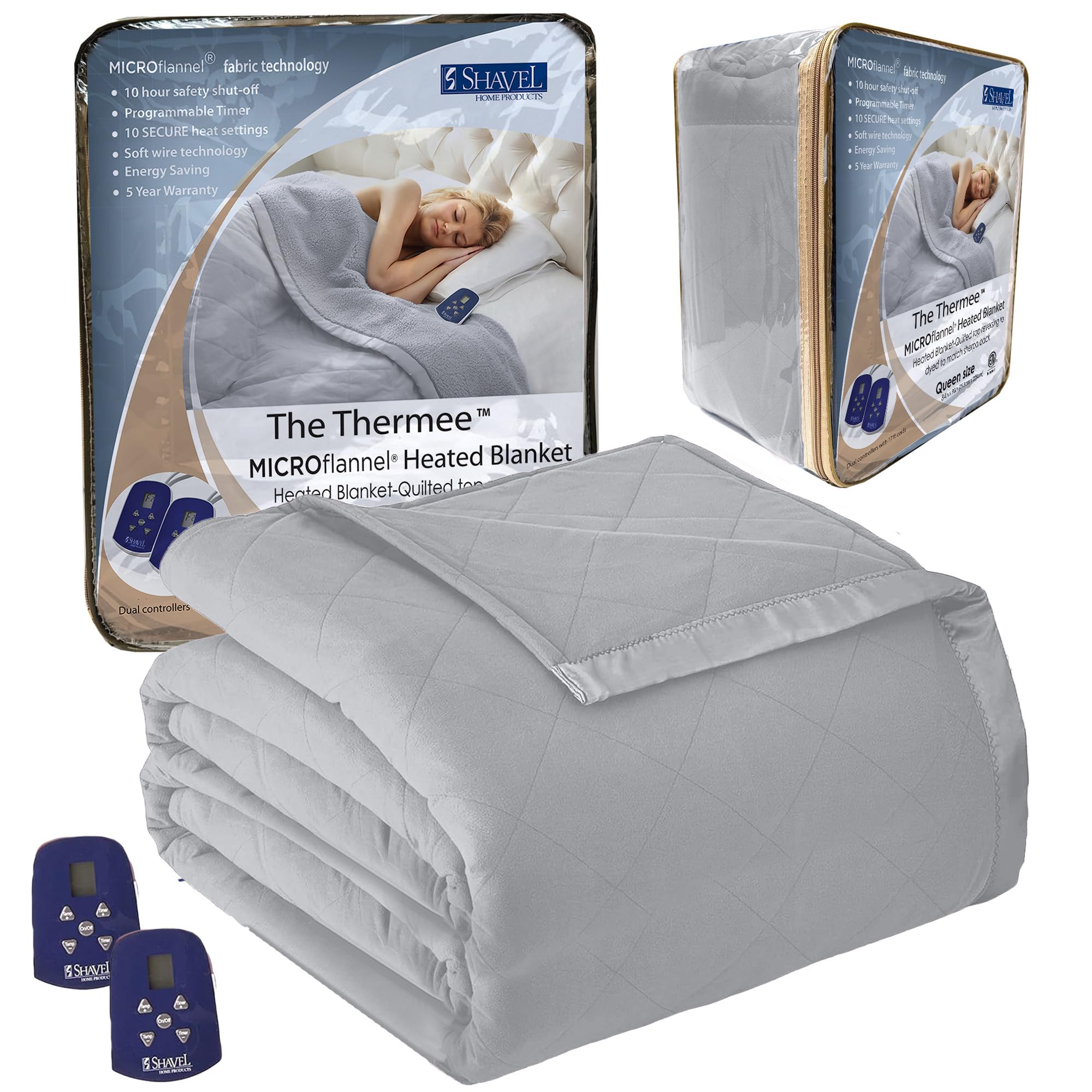 Thermee Micro Flannel Queen Size Heated Blanket - 10 Heat Settings, Programmable Electric Warming Blanket, Ultra Soft & Fast Heating Throw for Bed, Couch & Office - Slate Grey Cozy Winter Blanket