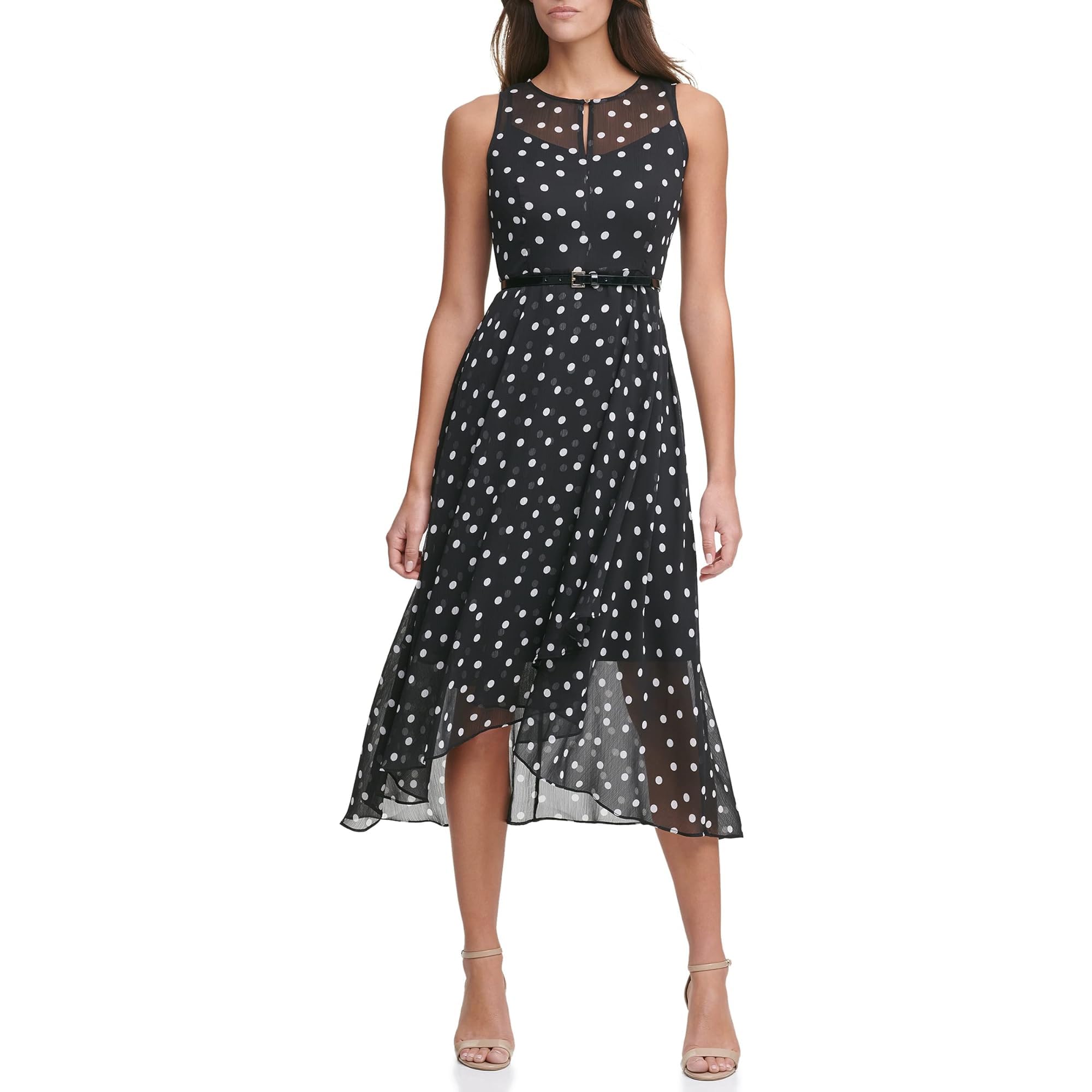 Tommy Hilfiger Women's Sleeveless Keyhole Dot Print Chiffon Dress - Summer Casual & Party Wear for Beach, Wedding & Date Night