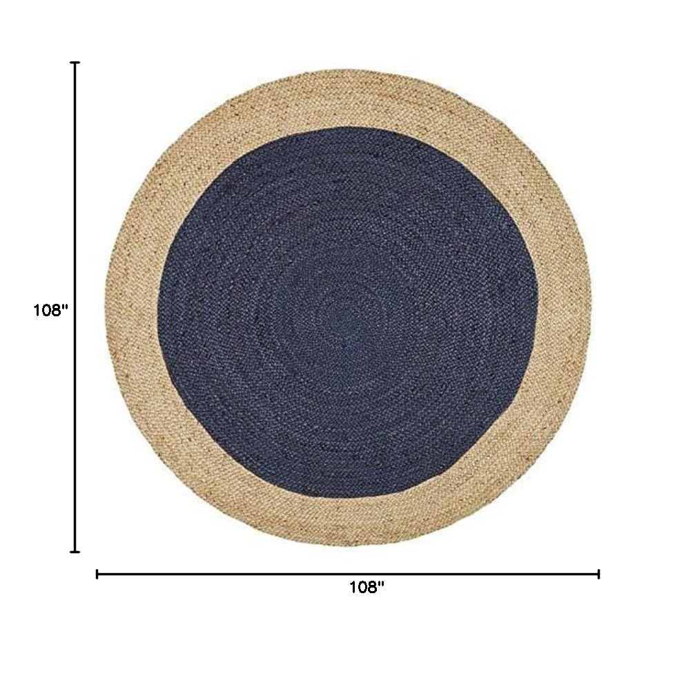 Vipanth Natural Jute Rug Blue with Beige Border - 9ft Round Handmade Braided Area Rug for Living Room, Bedroom & Home Decor - Eco-Friendly Boho Chic Floor Mat