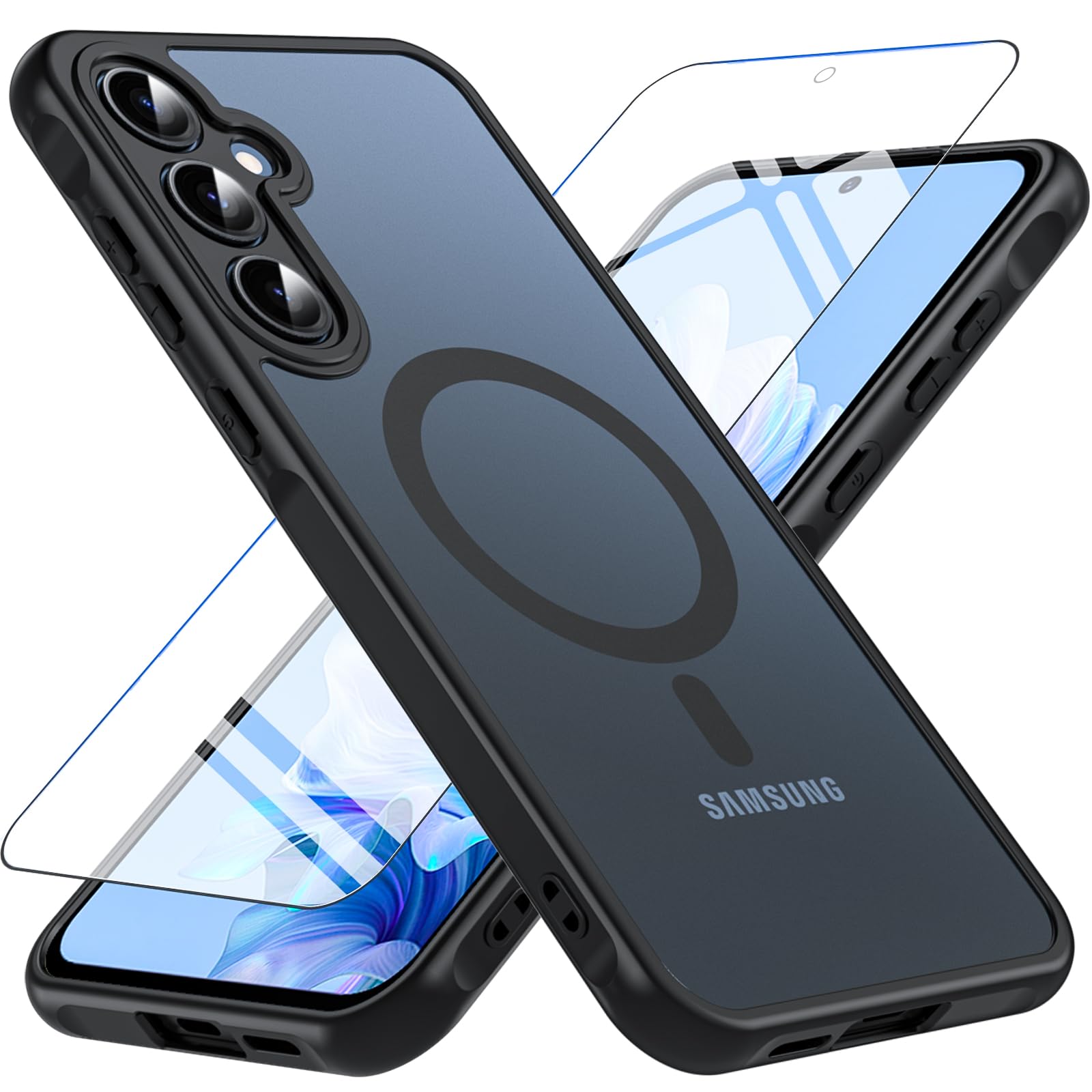 Shockproof Magnetic Case for Samsung Galaxy A55 5G with Tempered Glass - Translucent Matte Military-Grade Protection Hard Cover (Black) | Perfect for Outdoor Activities, Travel & Daily Use