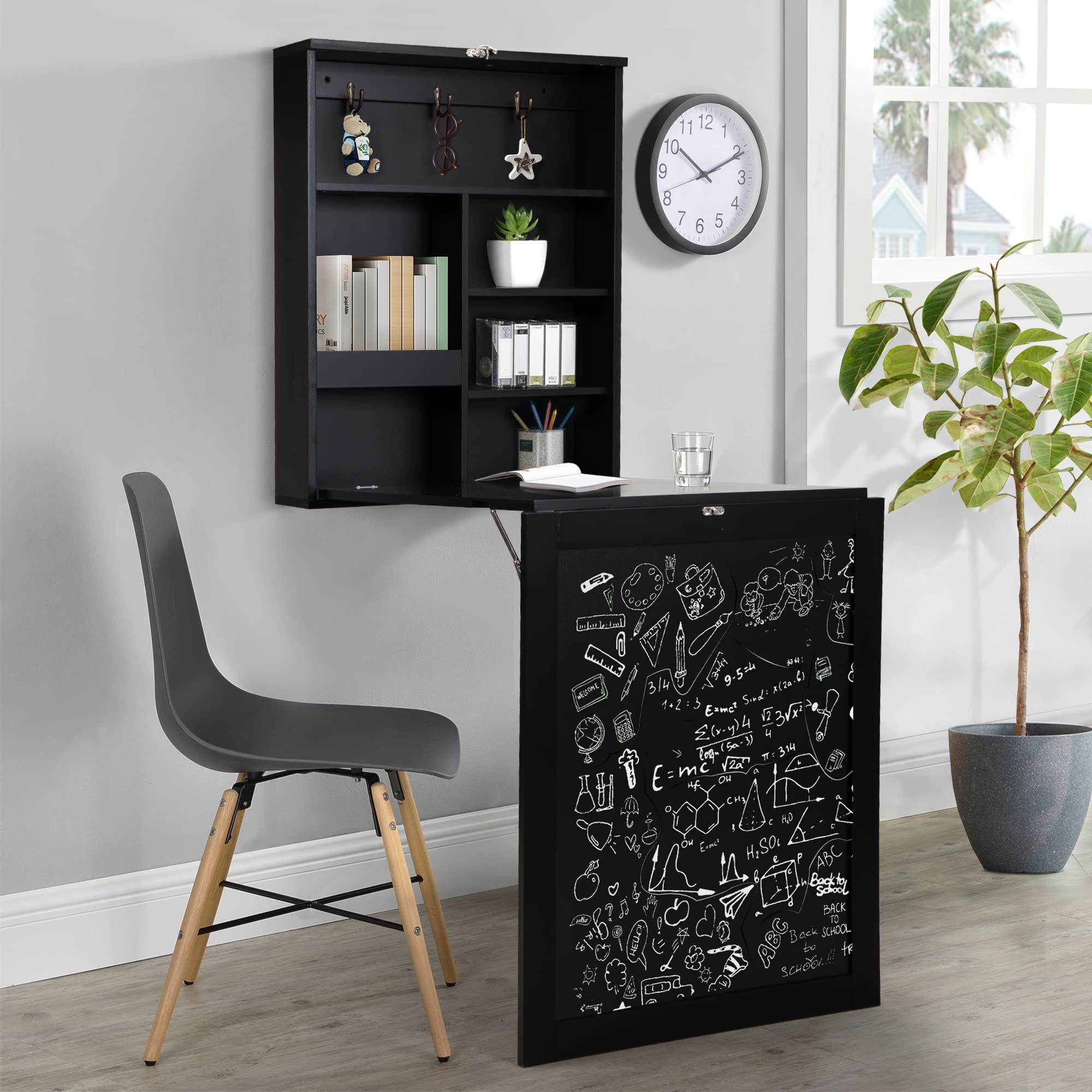 Foldable Wall Mounted Desk with Storage Compartments & Blackboard - Modern Floating Folding Workstation for Home Office, Living Room - Space Saving Laptop Desk with Durable Tabletop (Black) - Perfect for Small Spaces, Apartments & Dorm Rooms