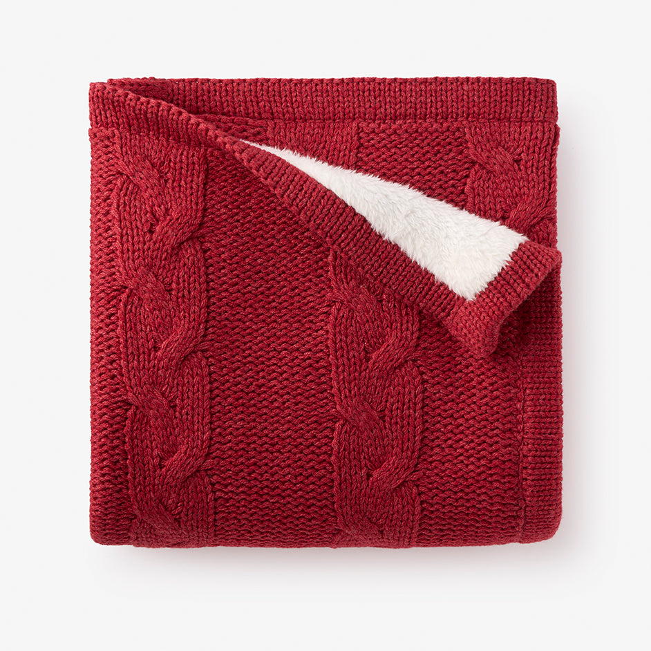 Soft & Cozy Red Cotton/Acrylic Cable Knit Fur Back Blanket - Warm Winter Throw for Couch, Bed, Sofa & Home Decor