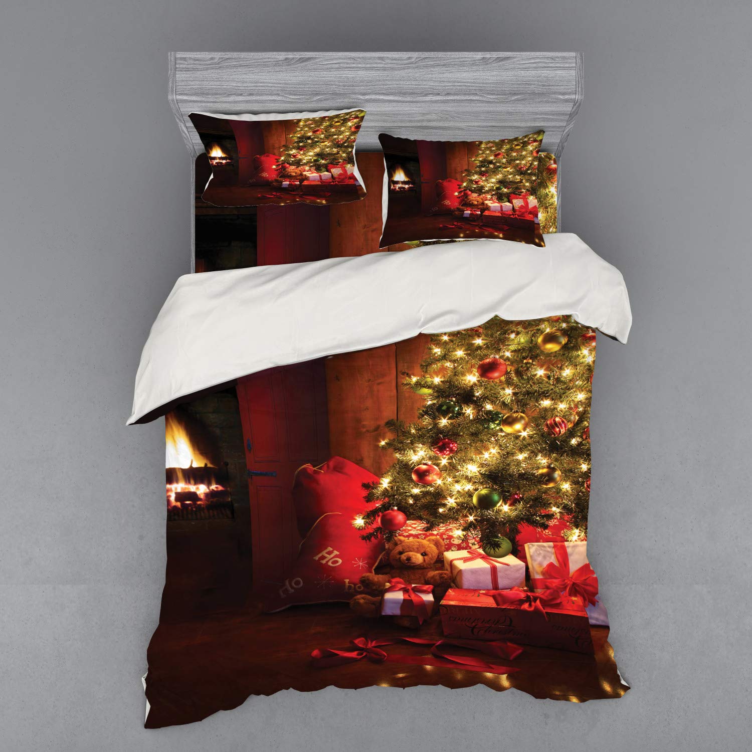 Ambesonne Christmas Bedding Set - Xmas Holiday Tree & Gifts by Fireplace Design 4-Piece Duvet Cover Set with Shams & Fitted Sheet, Queen Size, Red & Yellow | Cozy Winter Bedroom Decor for Holiday Season