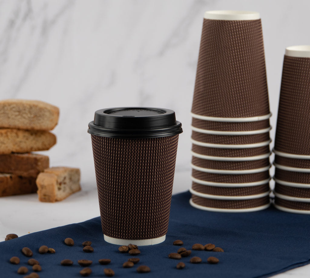 Eco-Friendly Insulated Ripple Brown Paper Coffee Cups with Lids - 12oz/16oz Hot & Cold Drink Containers for Coffee Shops, Offices, and Takeout