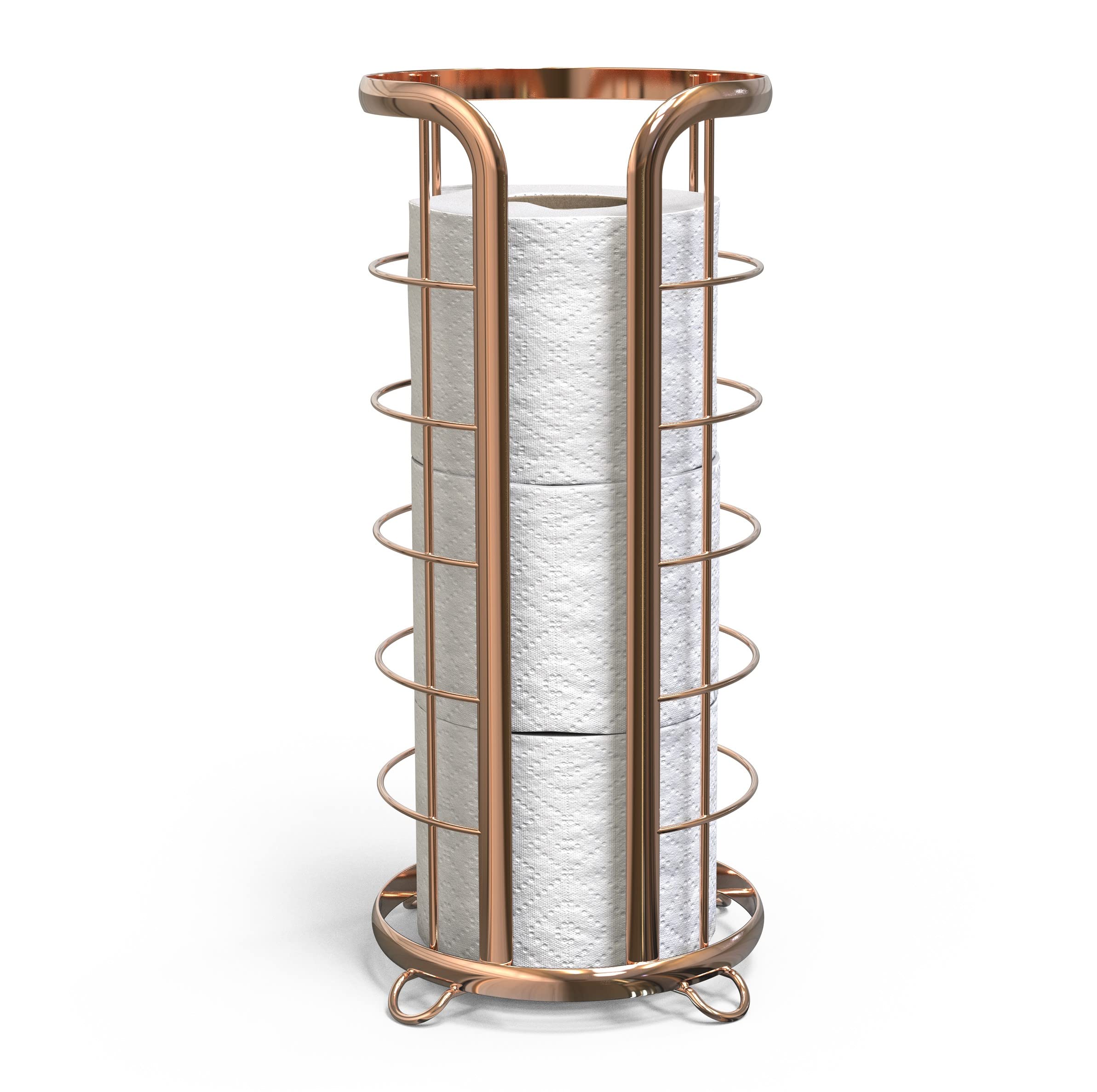 BROOKSTONE Rose Gold Toilet Paper Holder - Freestanding Bathroom Tissue Organizer with Modern Stylish Design for Home & Office | Holds MEGA Rolls | Space-Saving Minimalist Storage Solution for Small Bathrooms & Powder Rooms